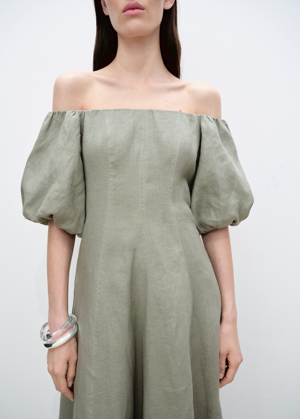 Mango Puffed-sleeve linen dress