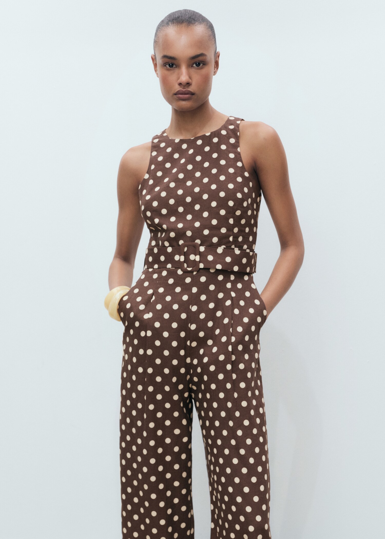 Linen jumpsuit with polka-dots and belt - Medium plane