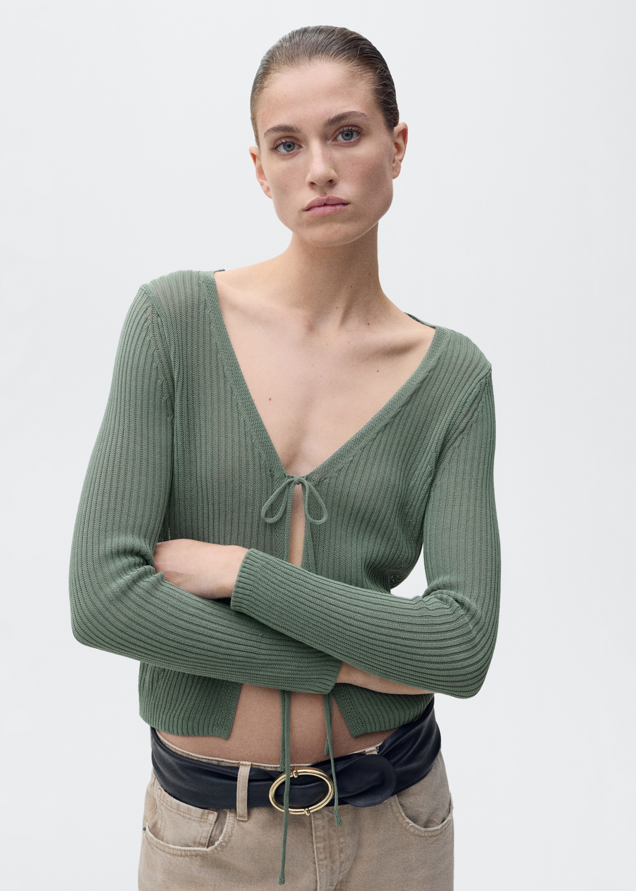 Cardigan din tricot ripsat cu șnur - Detaliu al articolului 1