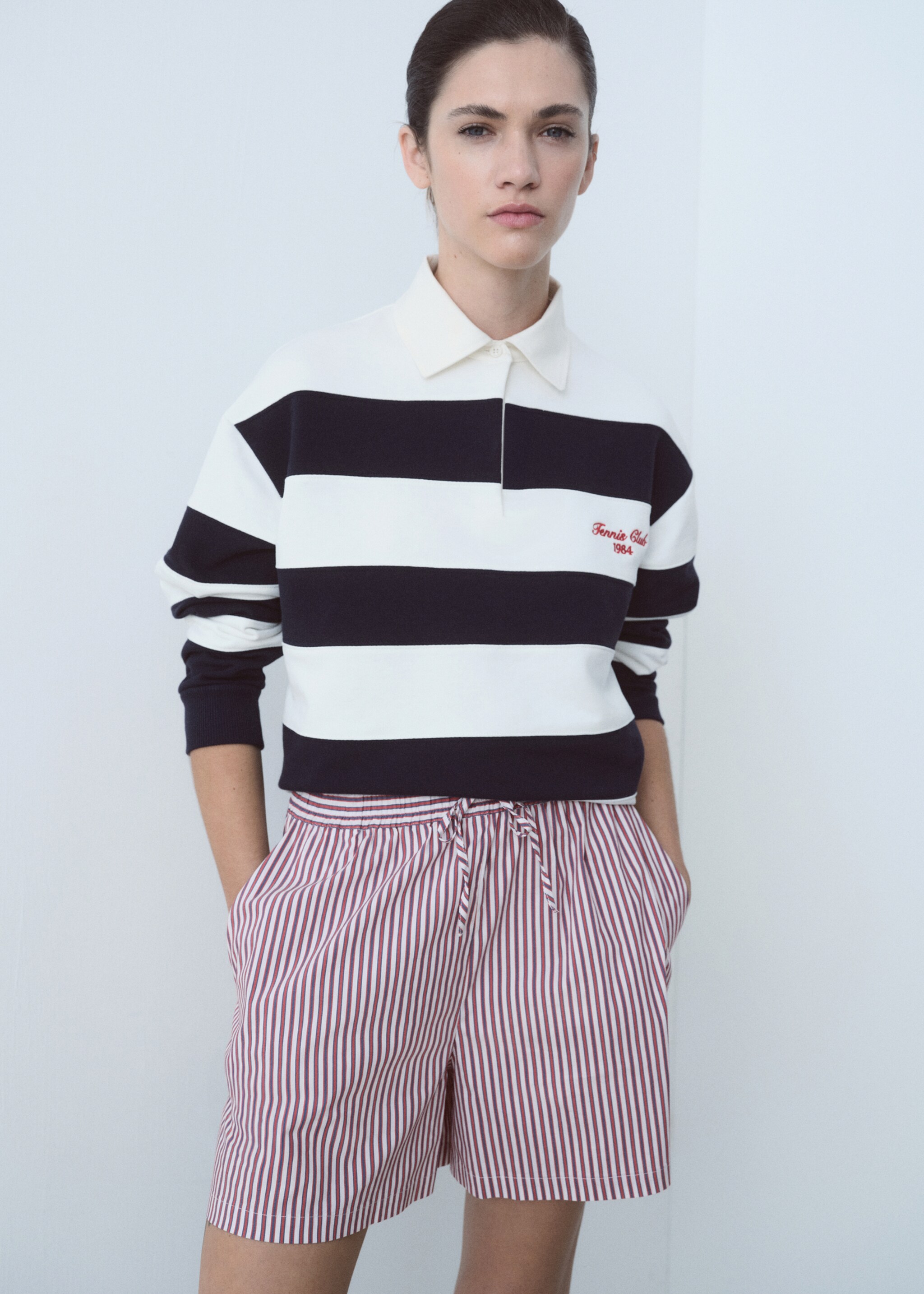 Striped poplin shorts with embroidered message - Medium plane