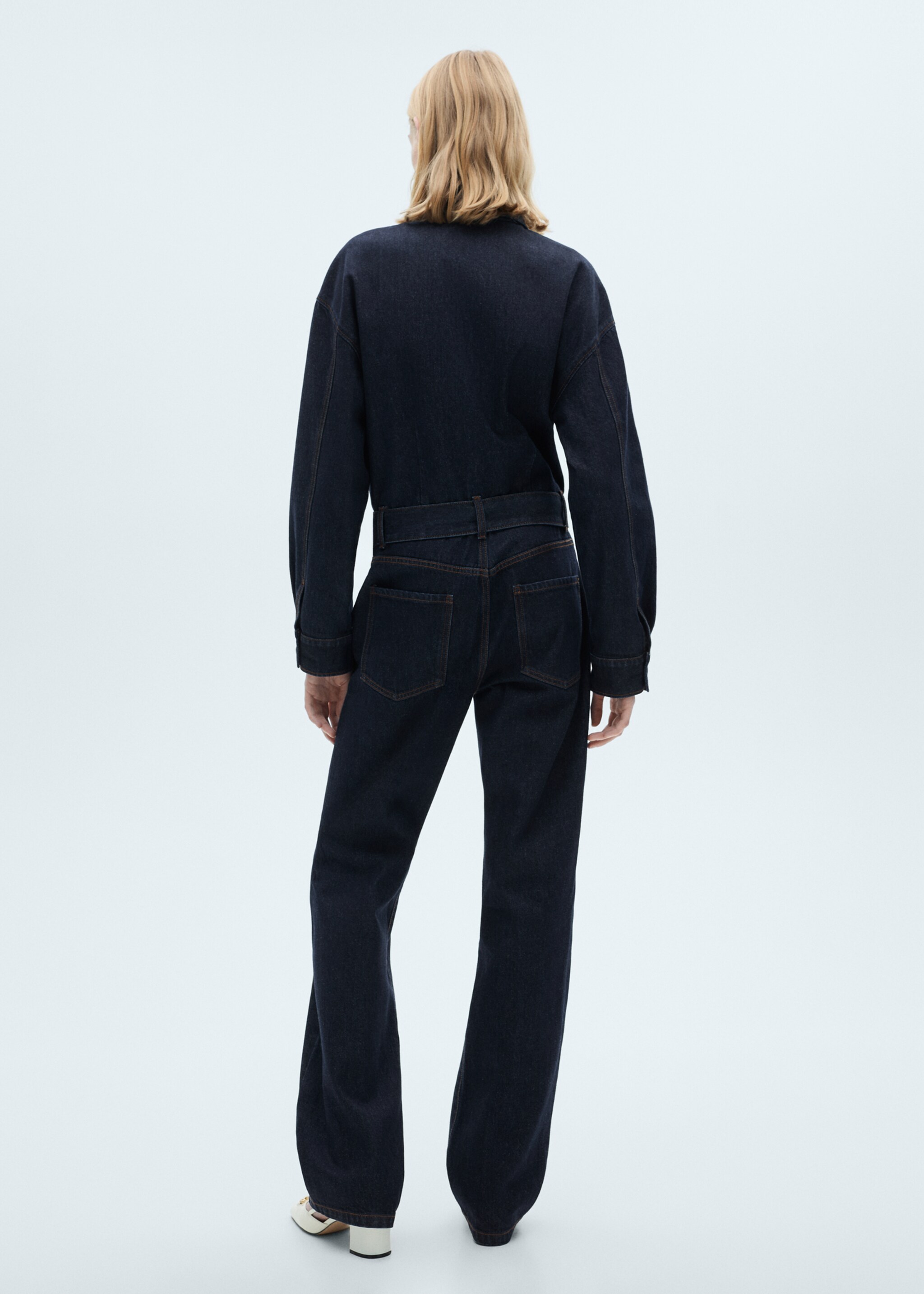 Rinse-wash denim jumpsuit with belt - Reverse of the article