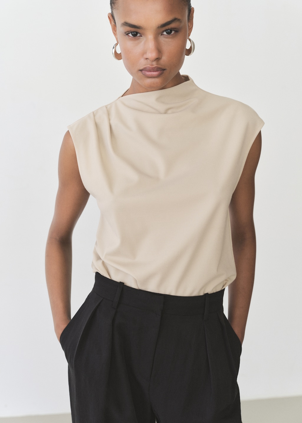 T-shirt with gathered asymmetrical neck