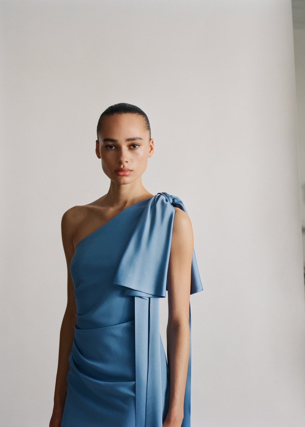 Draped satin dress with bow detail