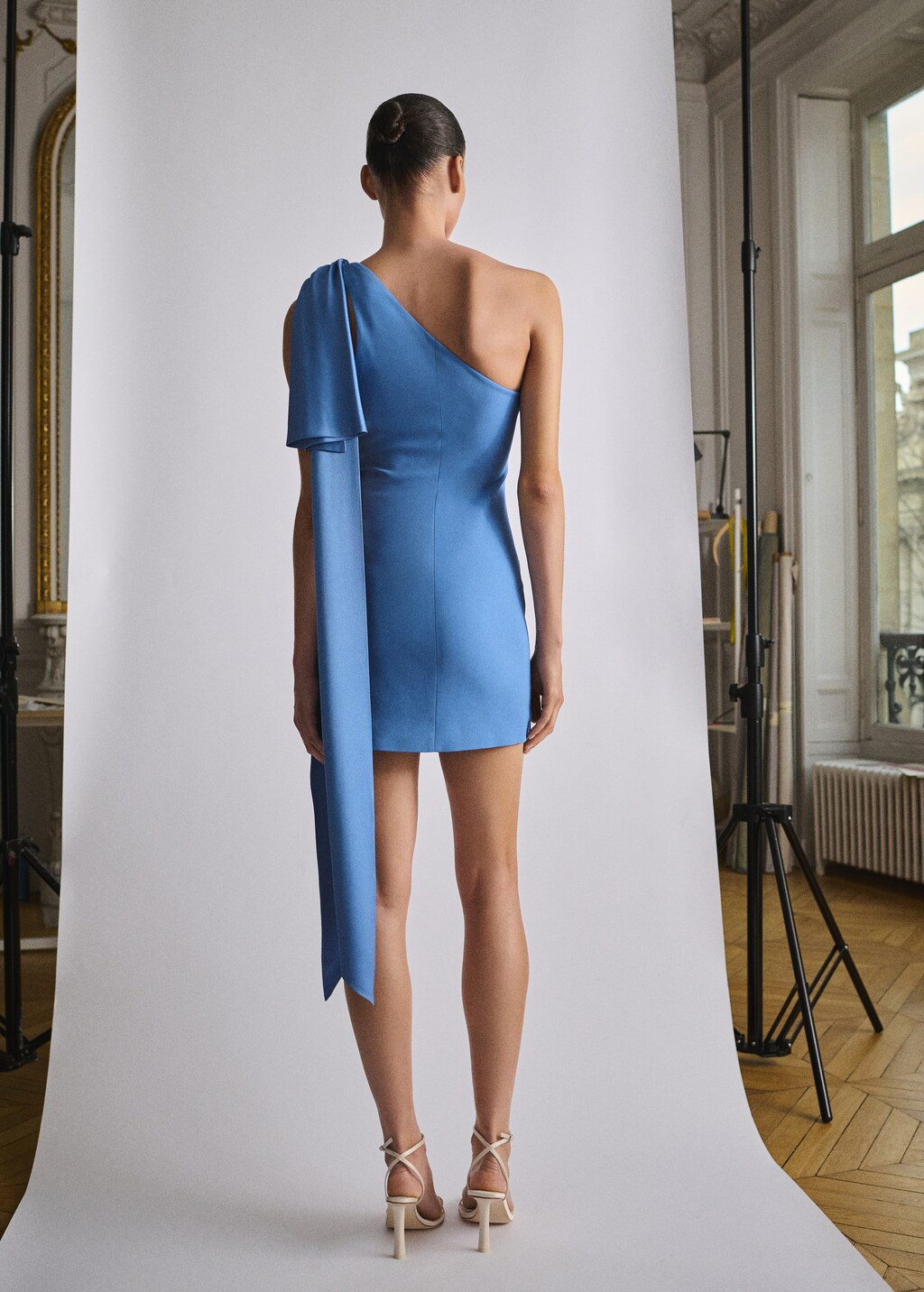 Draped satin dress with bow detail - image 3