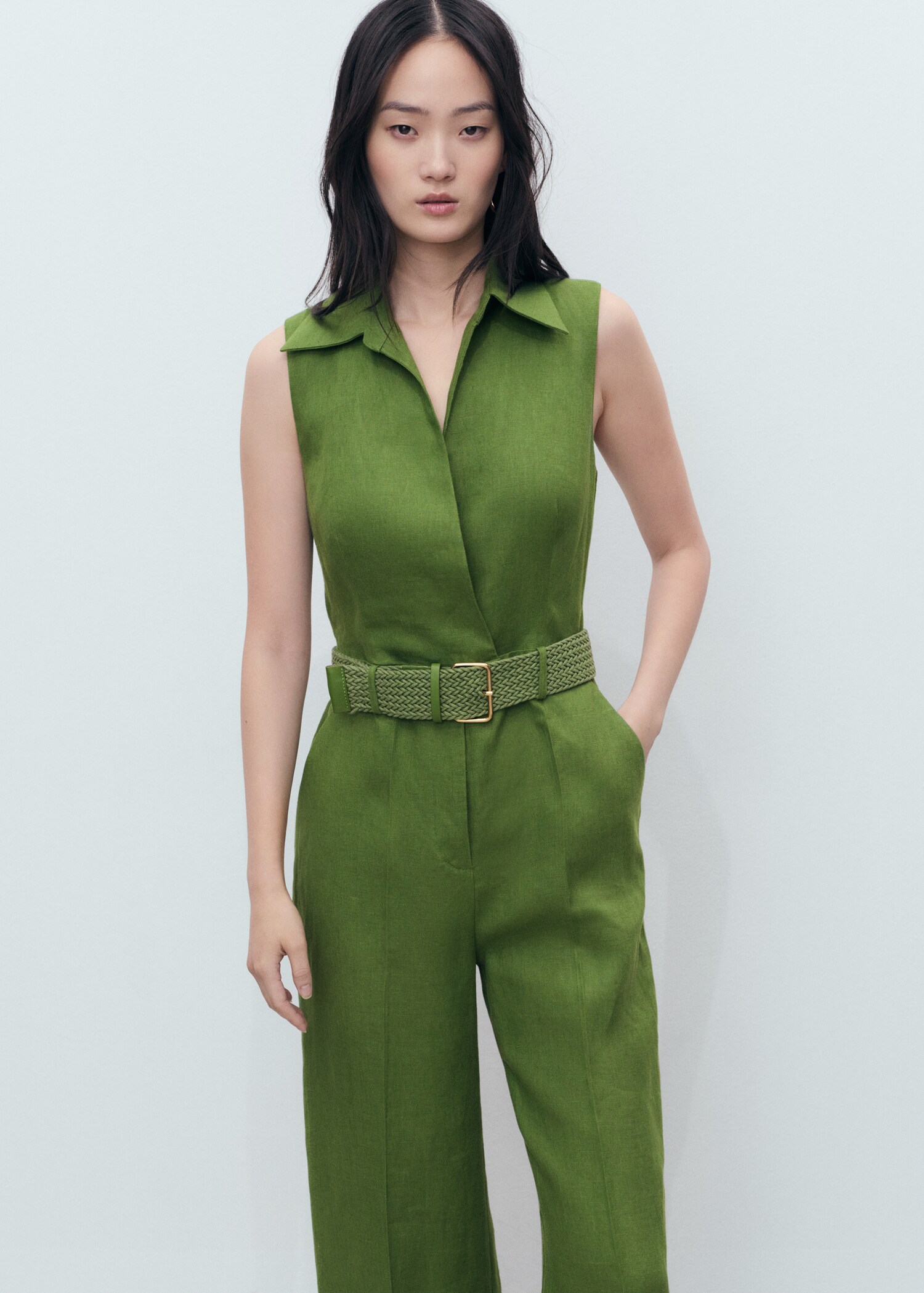 Linnen overhemdjumpsuit met ceintuur - Middenvlak