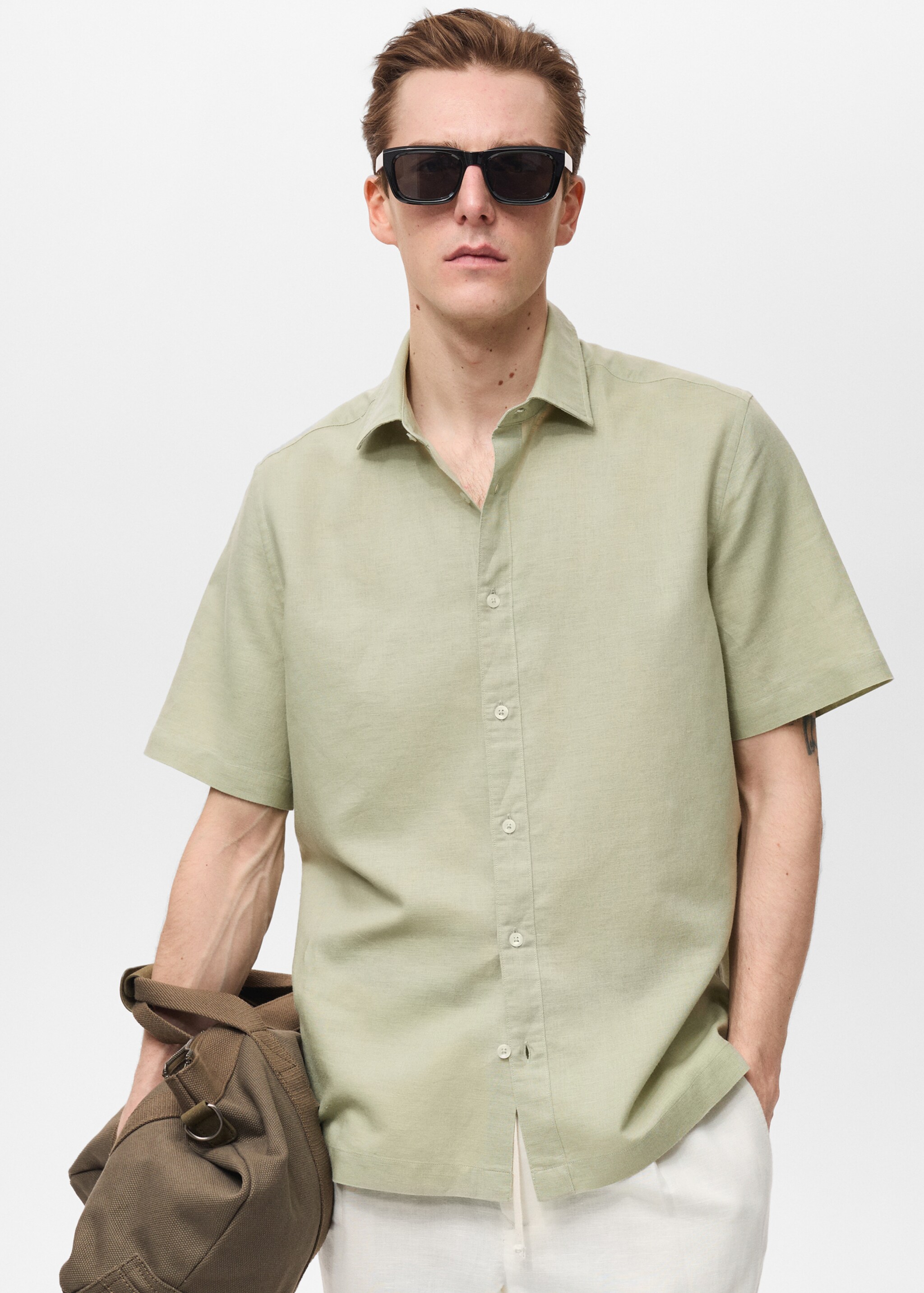 Short sleeve linen-blend shirt - Medium plane