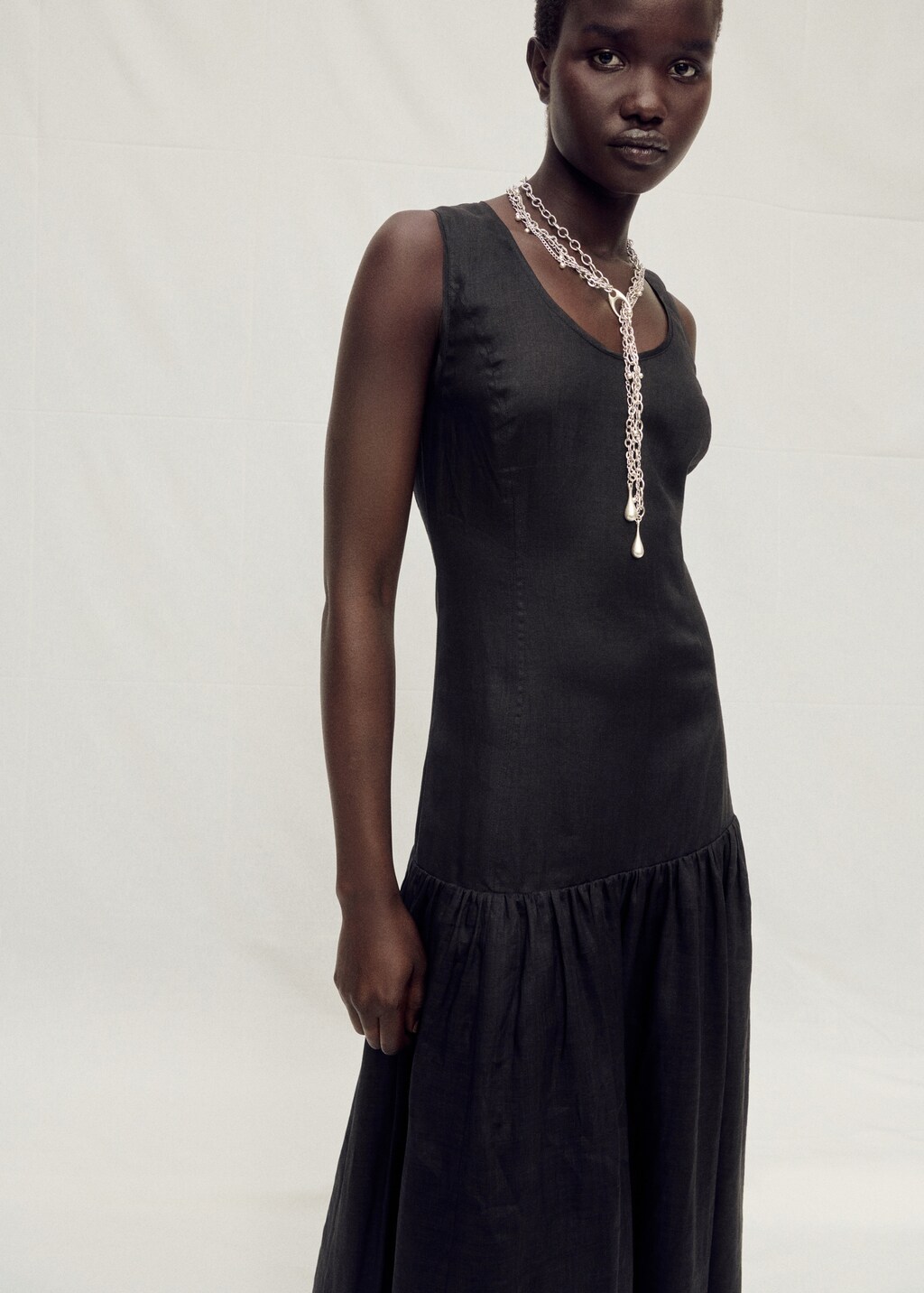 Long linen dress with gathered panel
