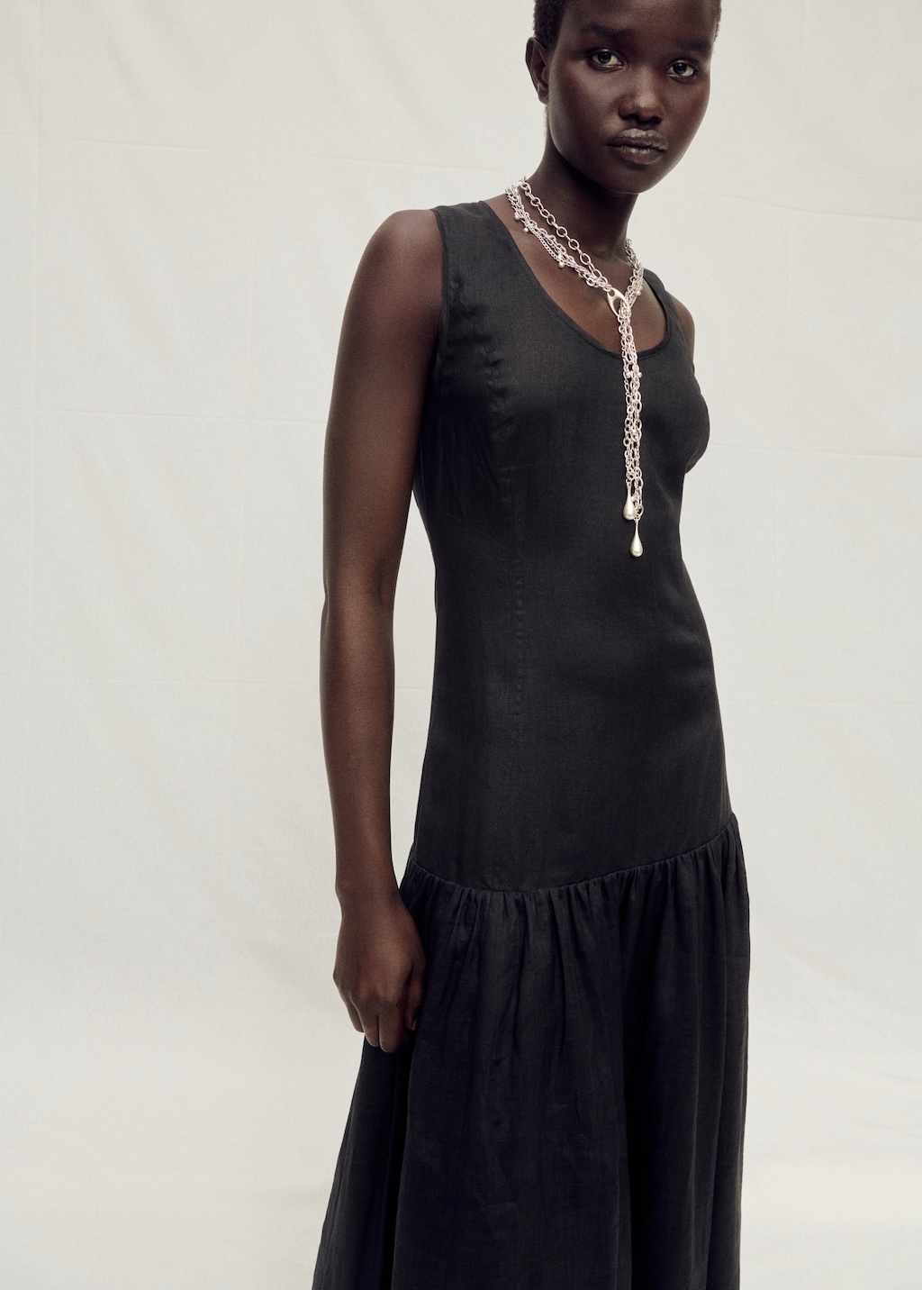 Long linen dress with gathered panel - Women | MANGO United Kingdom