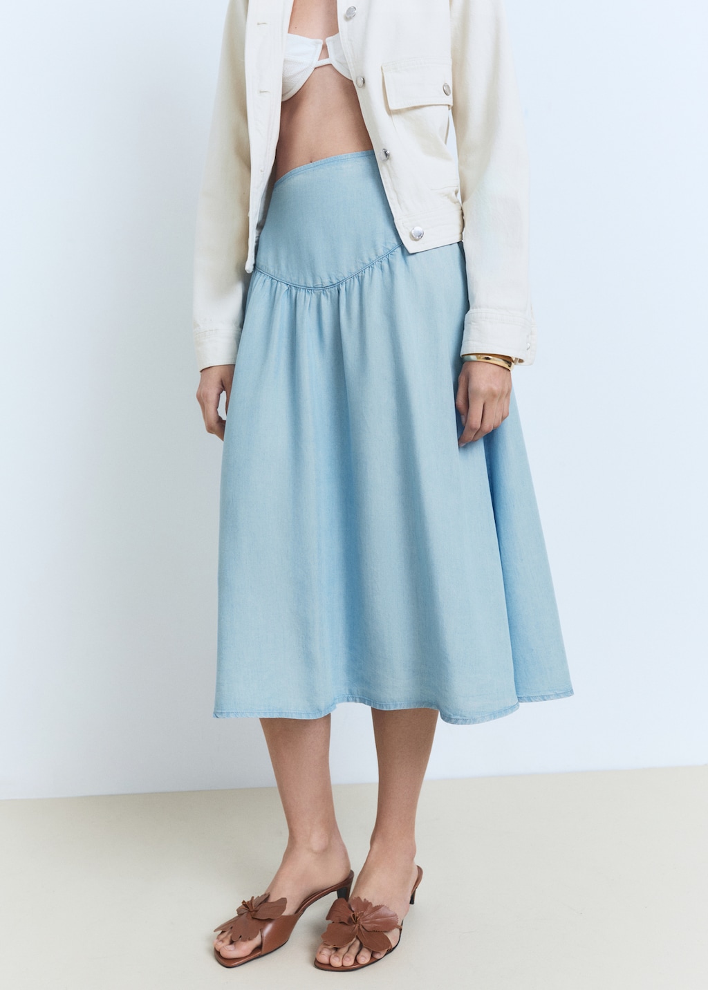 Soft denim midi-skirt with gathered detail