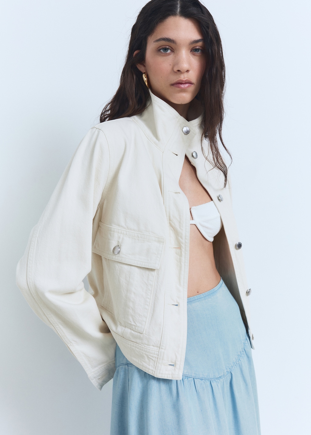 Soft denim midi-skirt with gathered detail