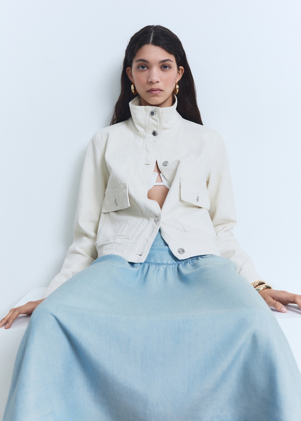 Soft denim midi-skirt with gathered detail