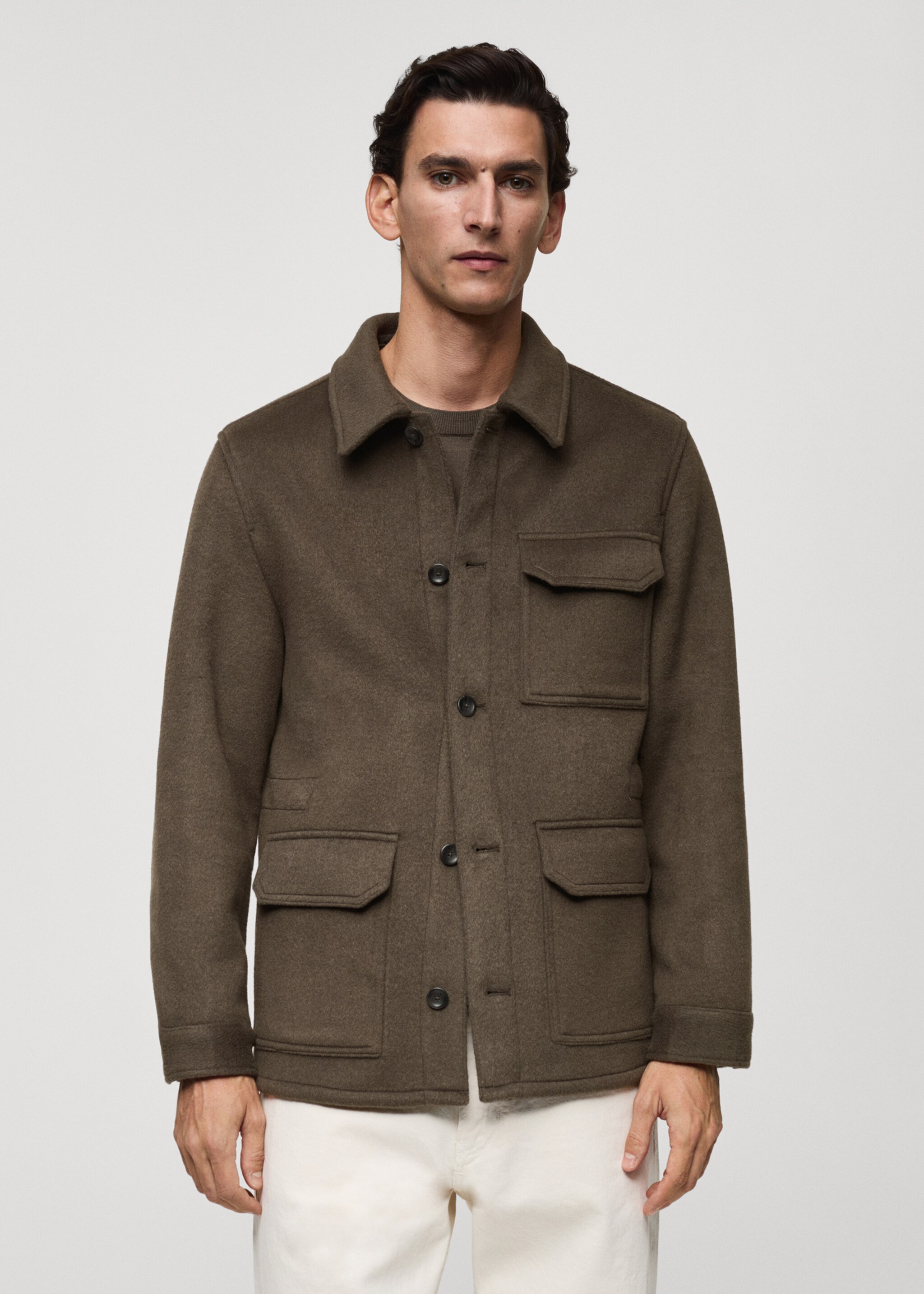 Wool-blend flannel overshirt - Medium plane, Khaki. Ref: 87090573-00.