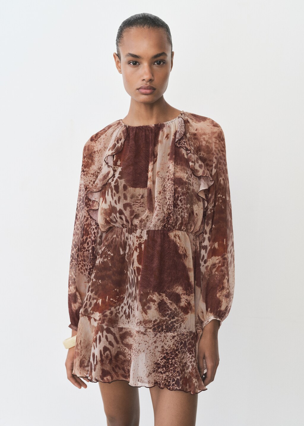 Robe courte imprimée volants - Femme | MANGO Belgique