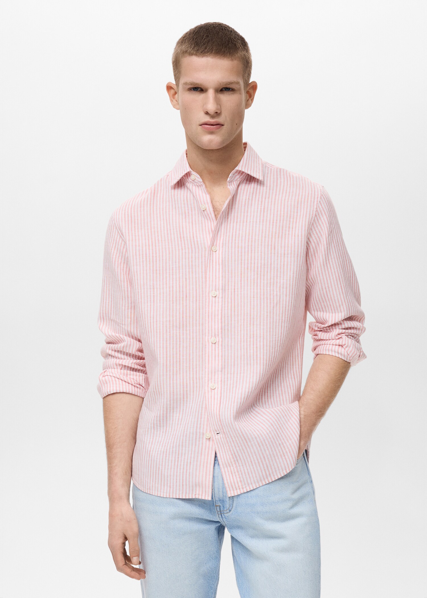 Camisa lino rayas regular fit - Plano medio