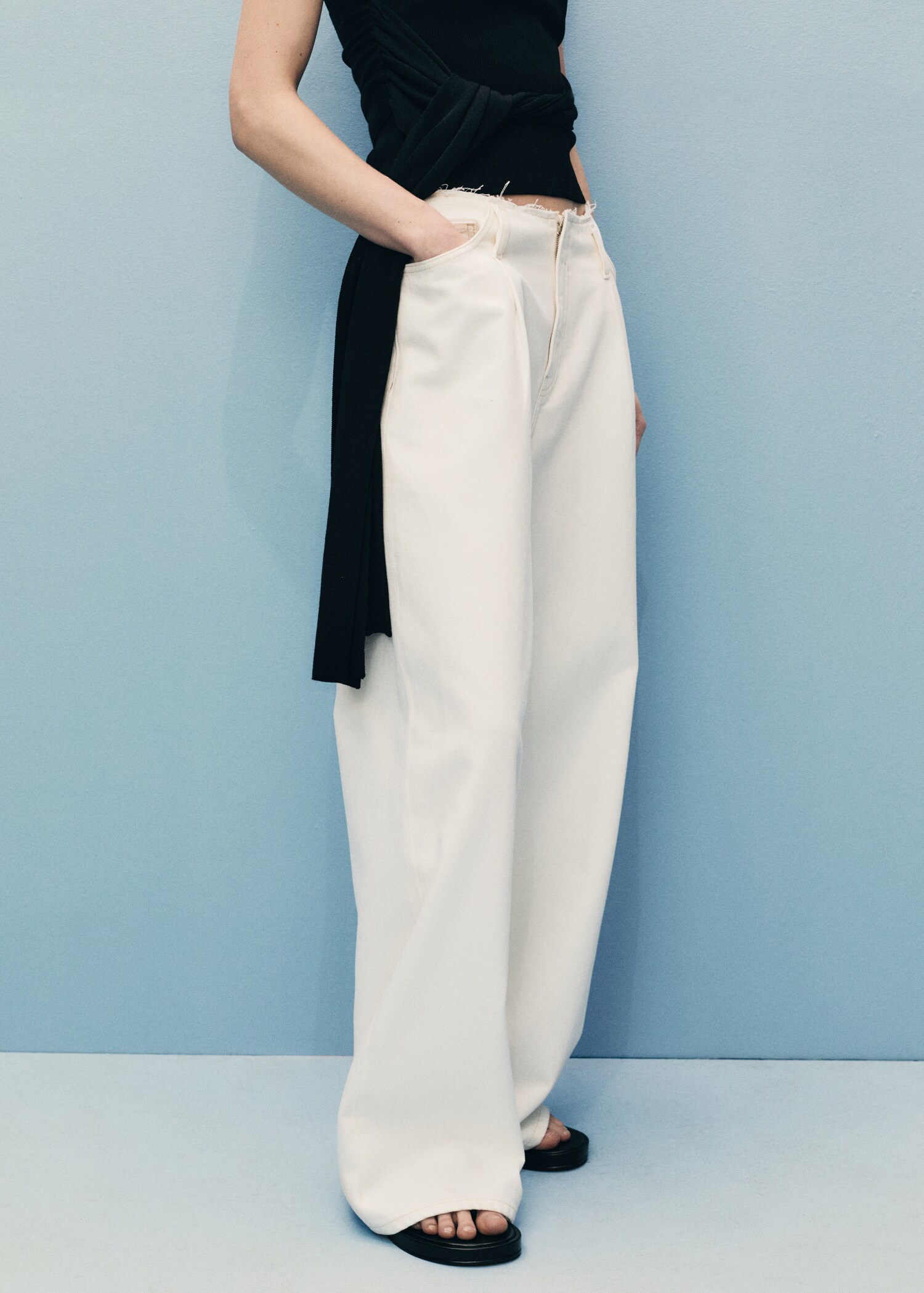 Wide-leg denim trousers with frayed waist - Medium plane