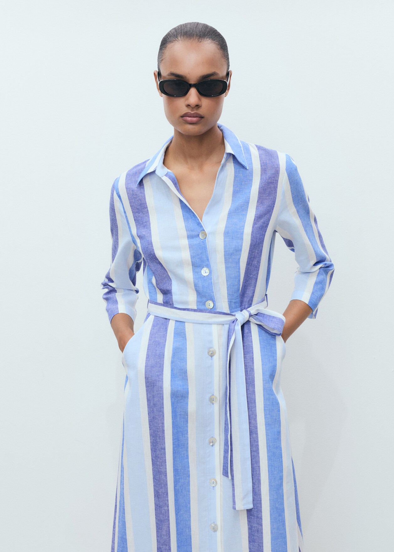 MANGO Belted Linen A-Line Dress