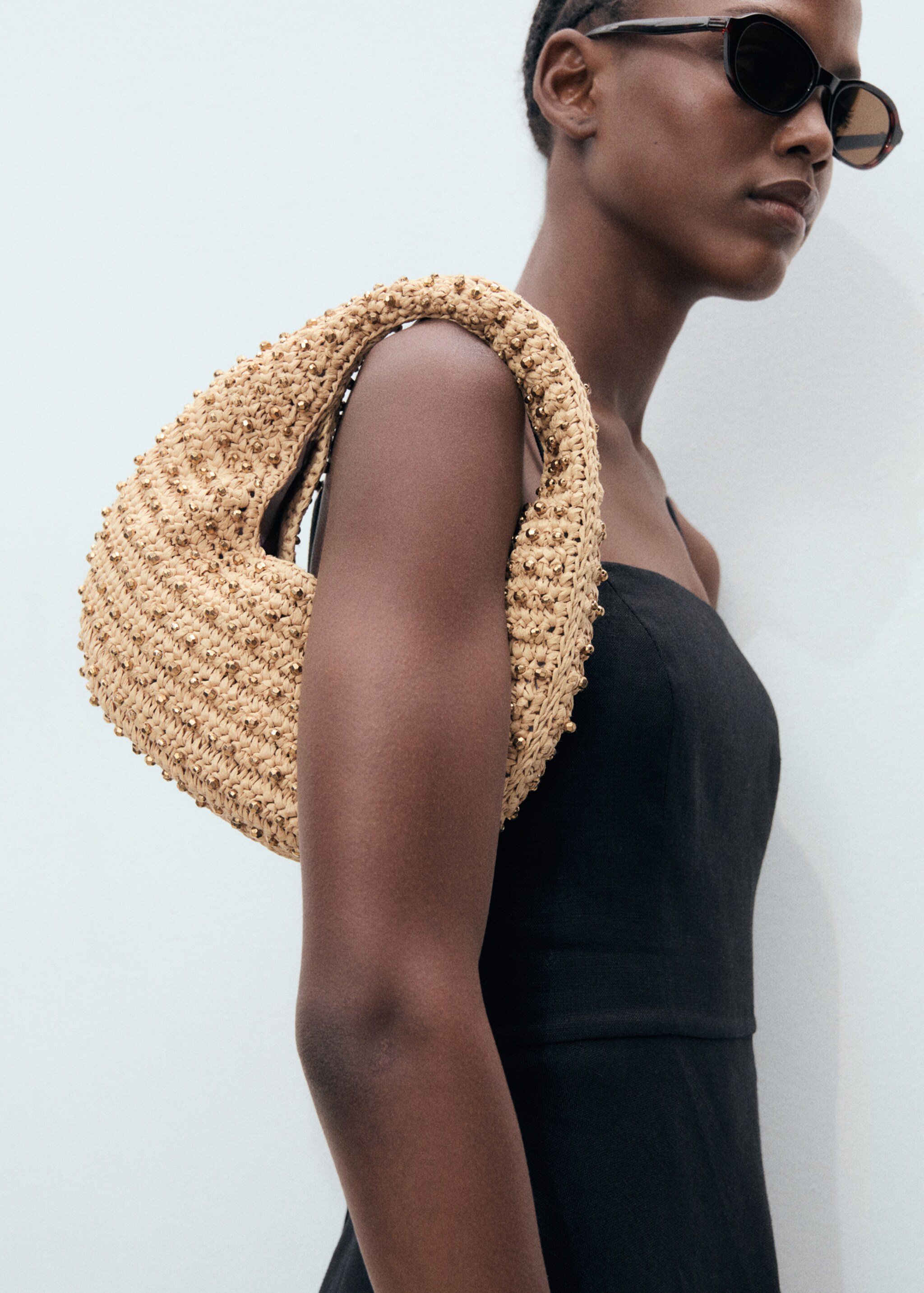 Natural fibre bag with beads - Details of the article 9, Beige. Ref: 87130658-00.