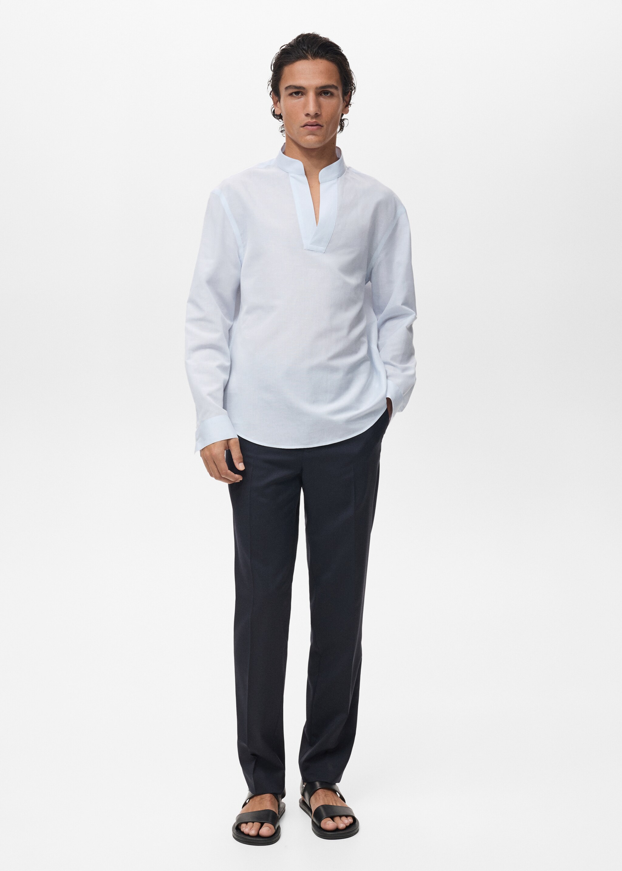 Linen-blend shirt with mandarin collar - General plane