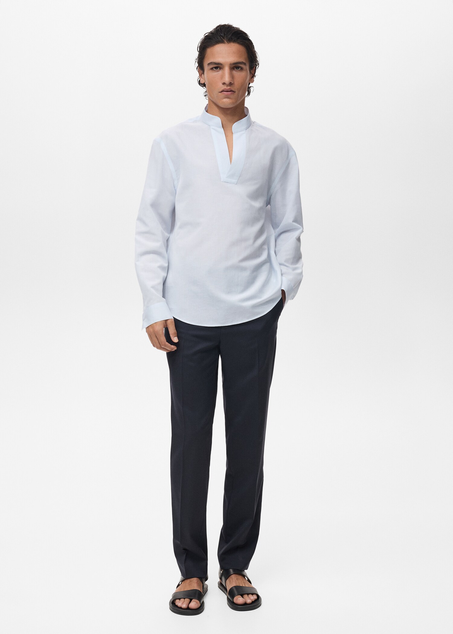 Linen-blend shirt with mandarin collar - General plane