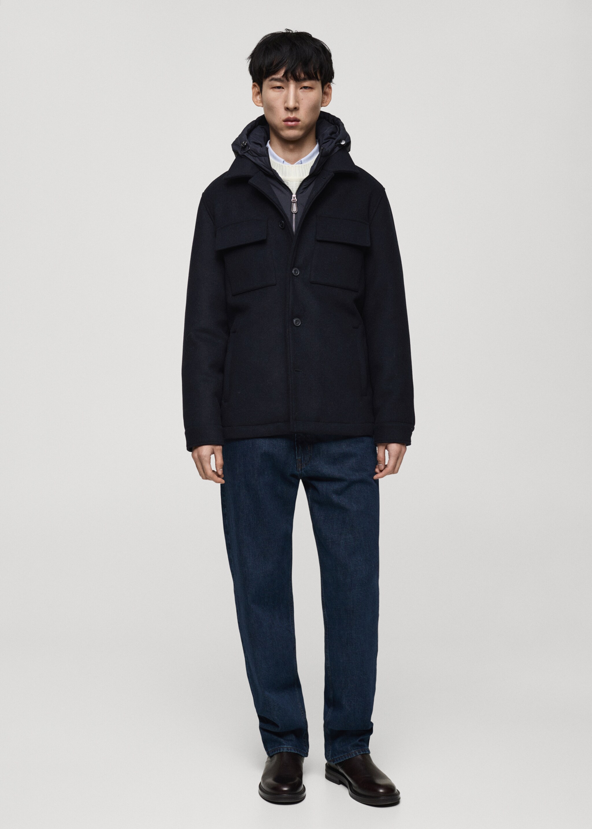 Manteau laine mélangée capuche amovible - Plan général