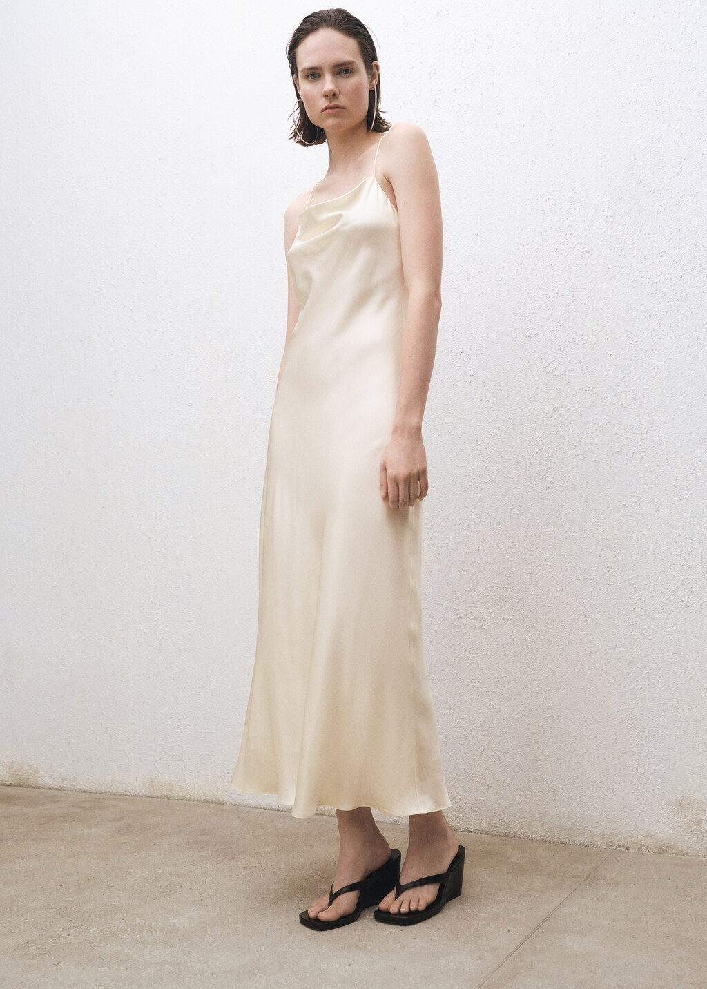 Silk dress with draped neckline - Women | MANGO South Korea
