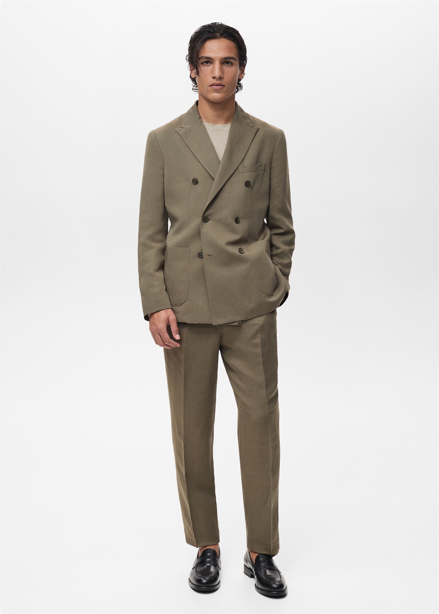 Slim-fit linen-blend pleated pants - General plane