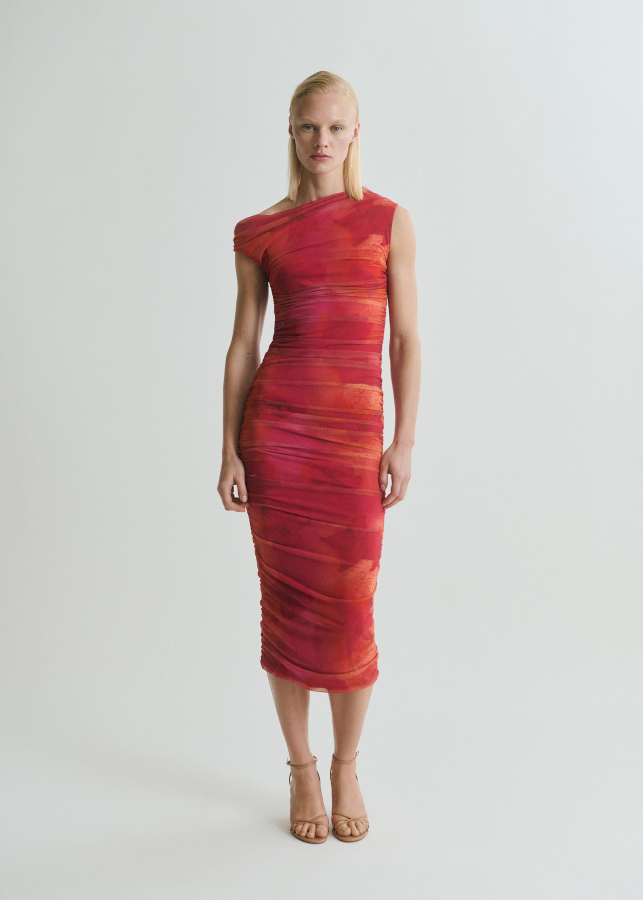 Midi-jurk met bloemenprint en asymmetrische halslijn - Overzichtstekening