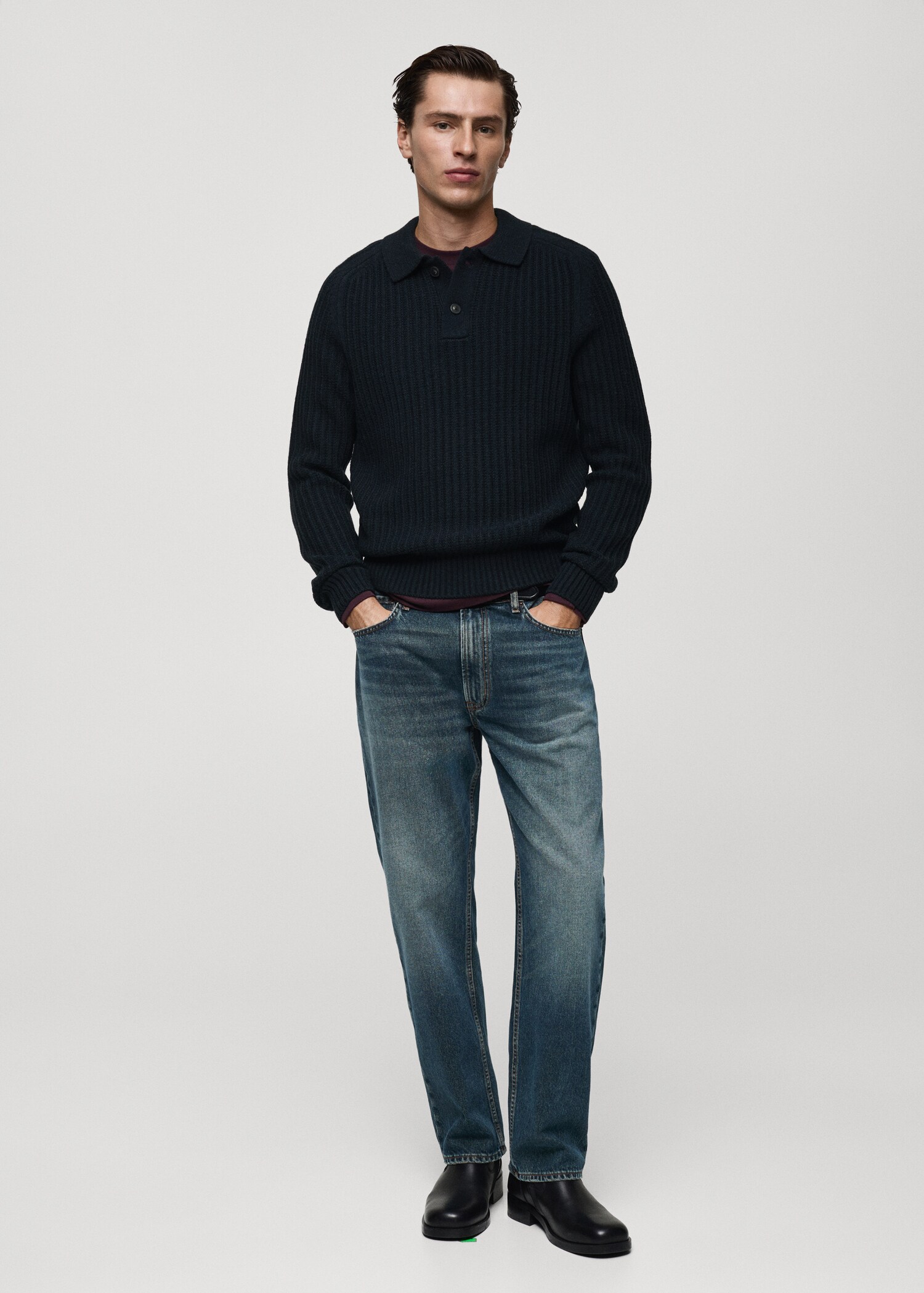 Gerippter Pullover mit Polo-Kragen - Allgemeine Ansicht