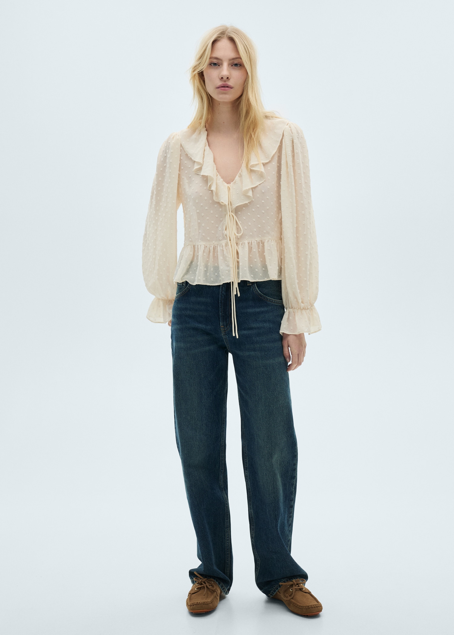 Ruffle blouse with tie closure - Women | MANGO USA
