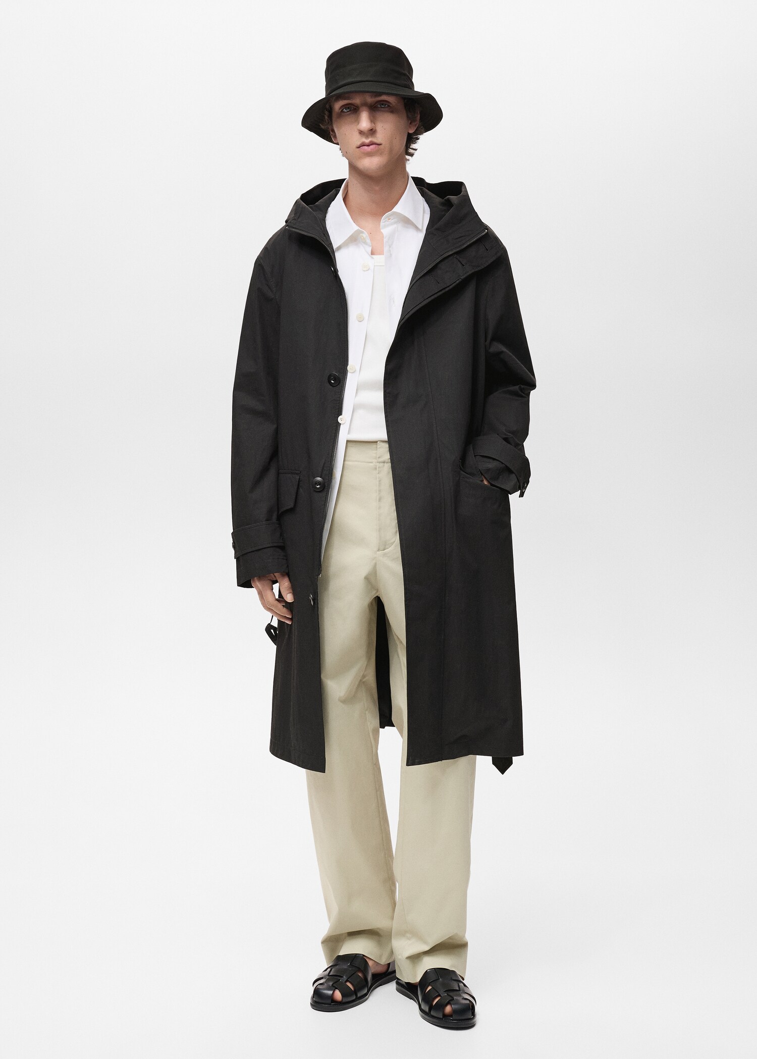 Trenchcoat met capuchon en ceintuur - Overzichtstekening
