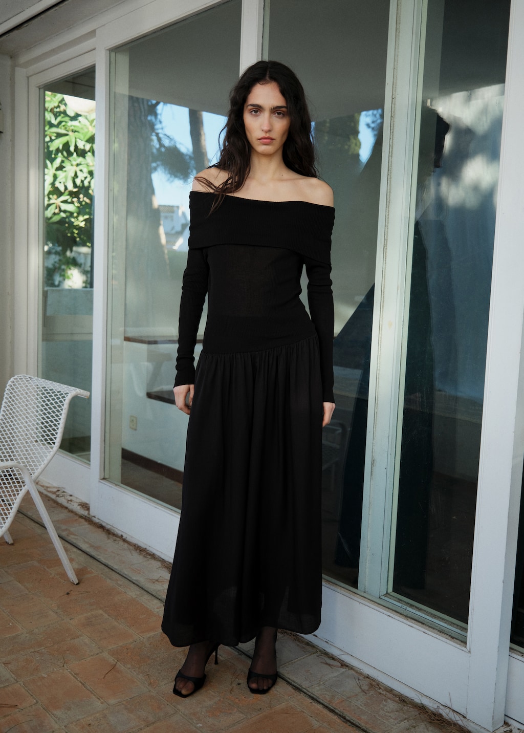 Off-the-shoulder dress combined fabric