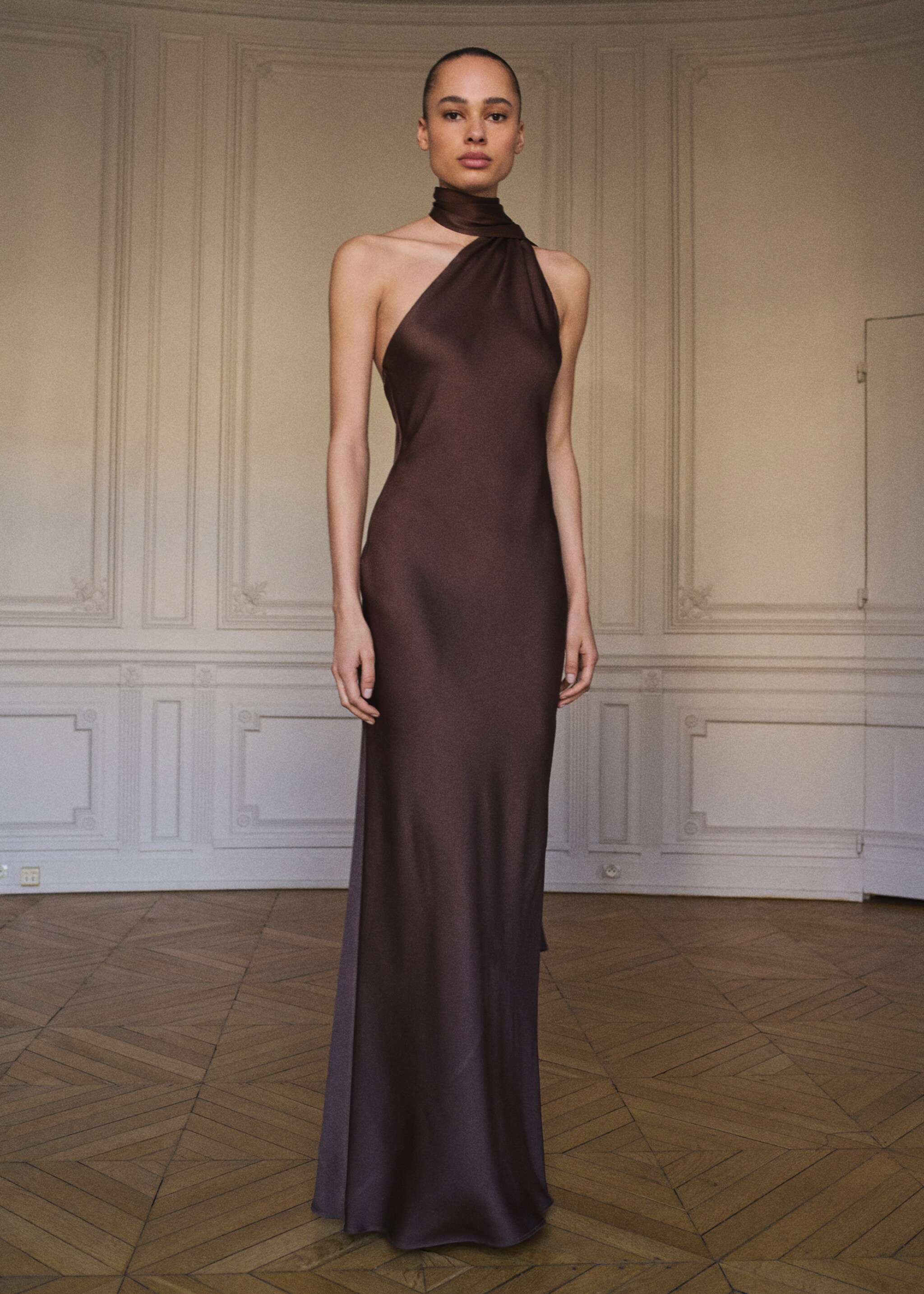 Asymmetrical bow-neck dress - General plane, Brown. Ref: 87035994-00.