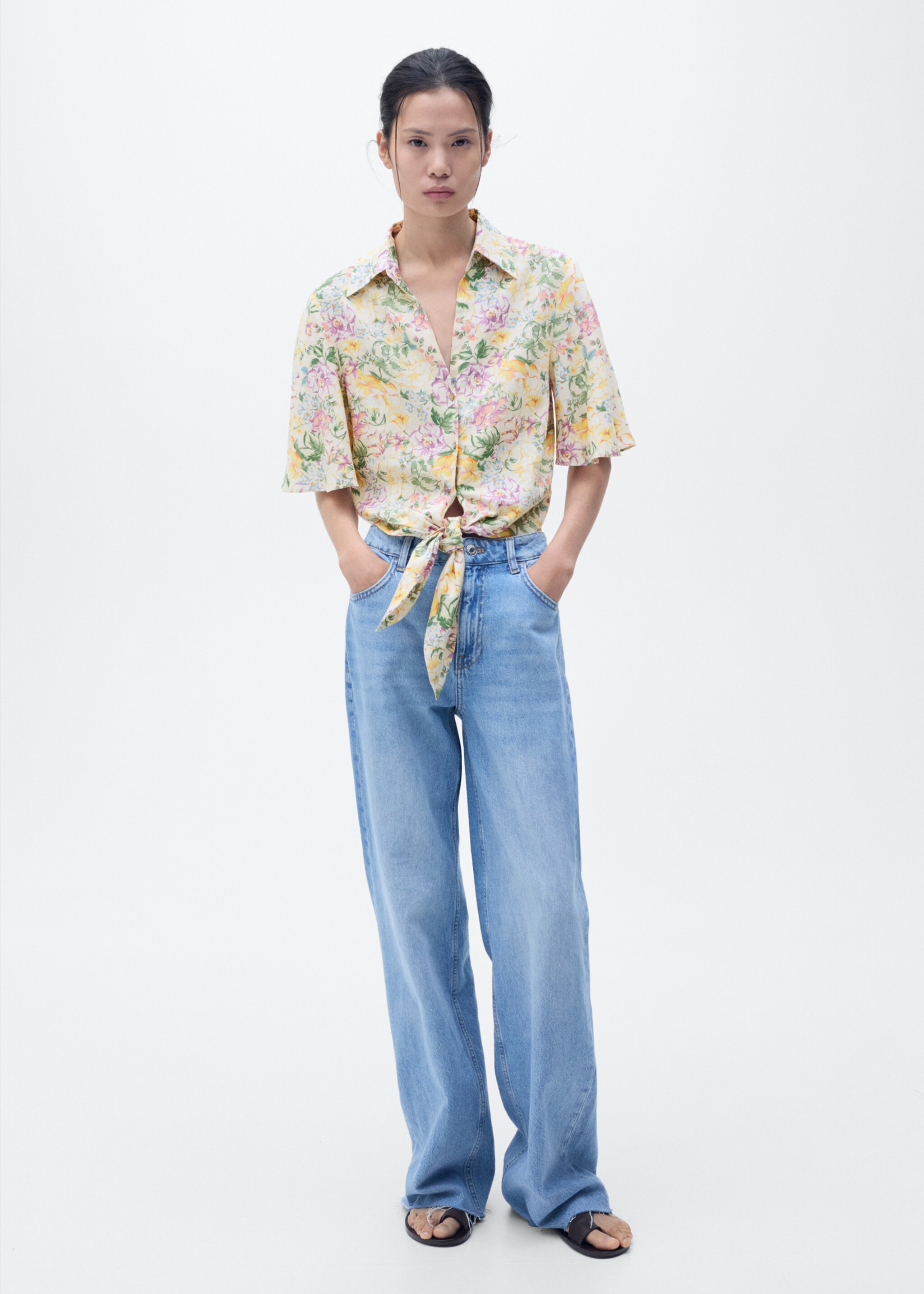 Floral linen shirt with knot detail - General plane