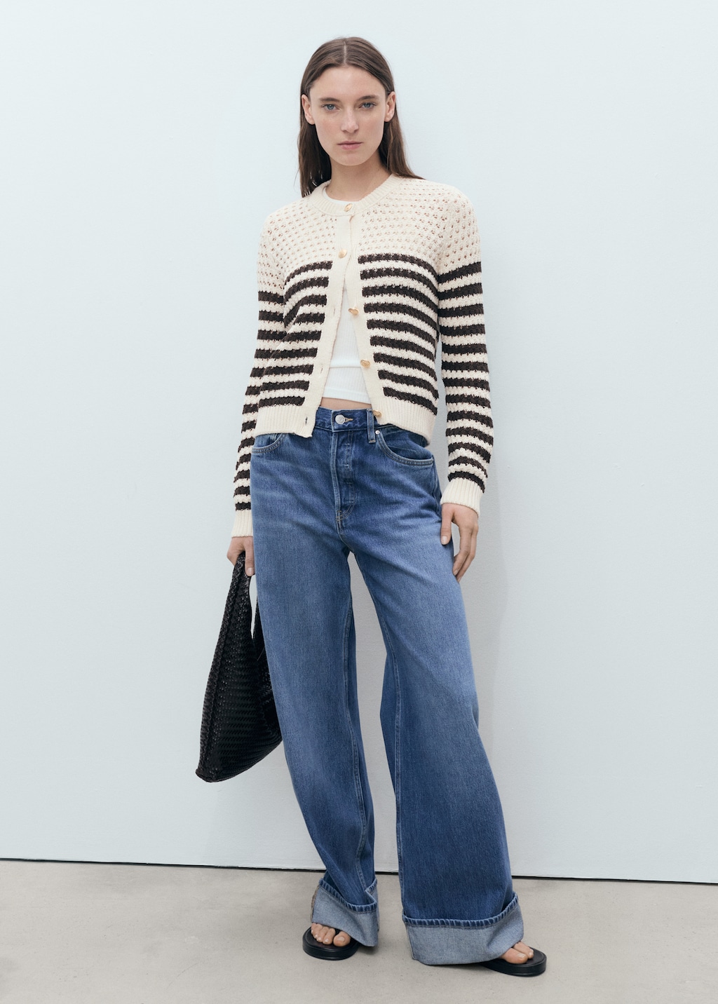 Striped knitted cardigan with lace pattern