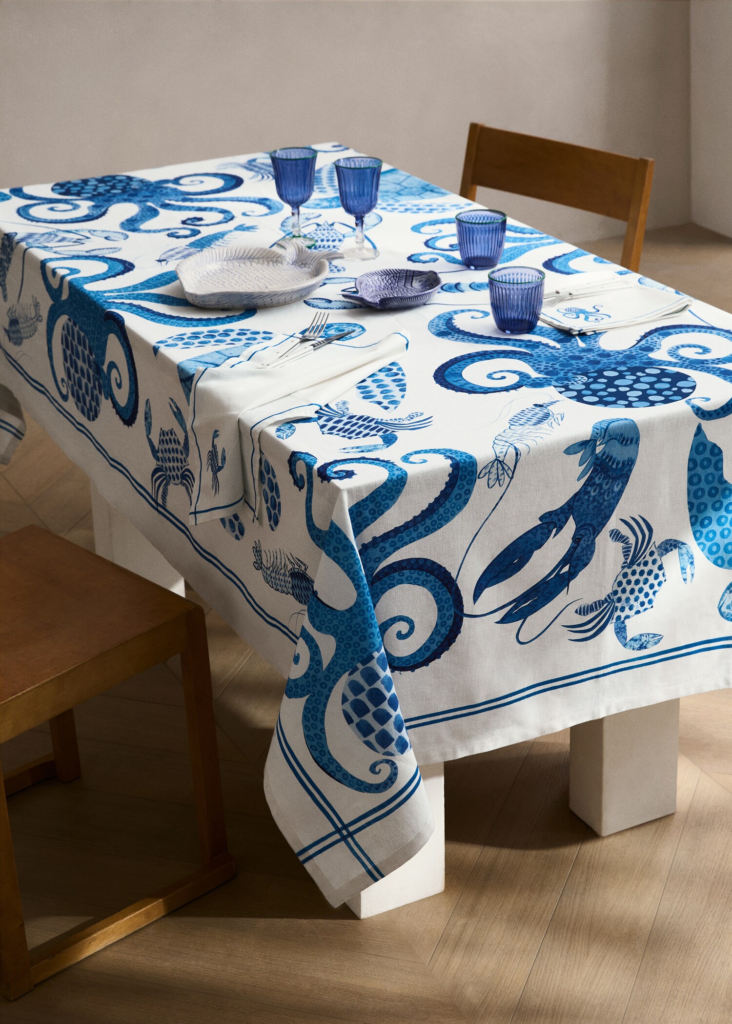 Mantel lino estampado marino 6 a 8 comensales - Plano general