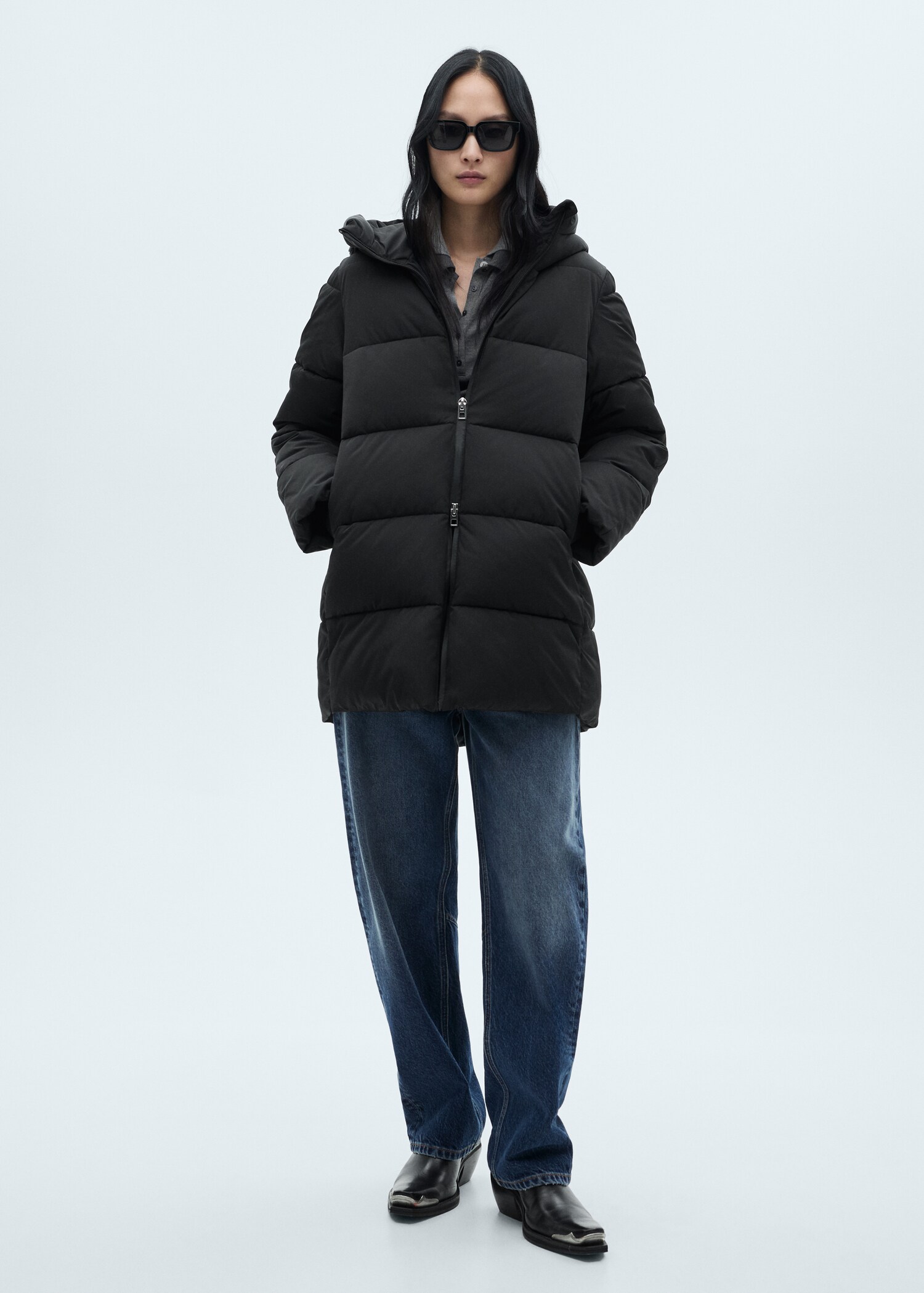 Quilted midi anorak with hood - General plane