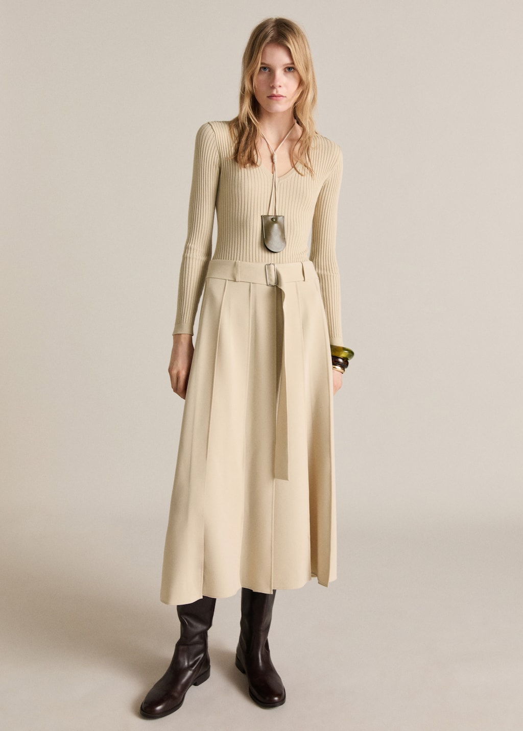 Thumbnail of Combined woven dress with belt - Ecru