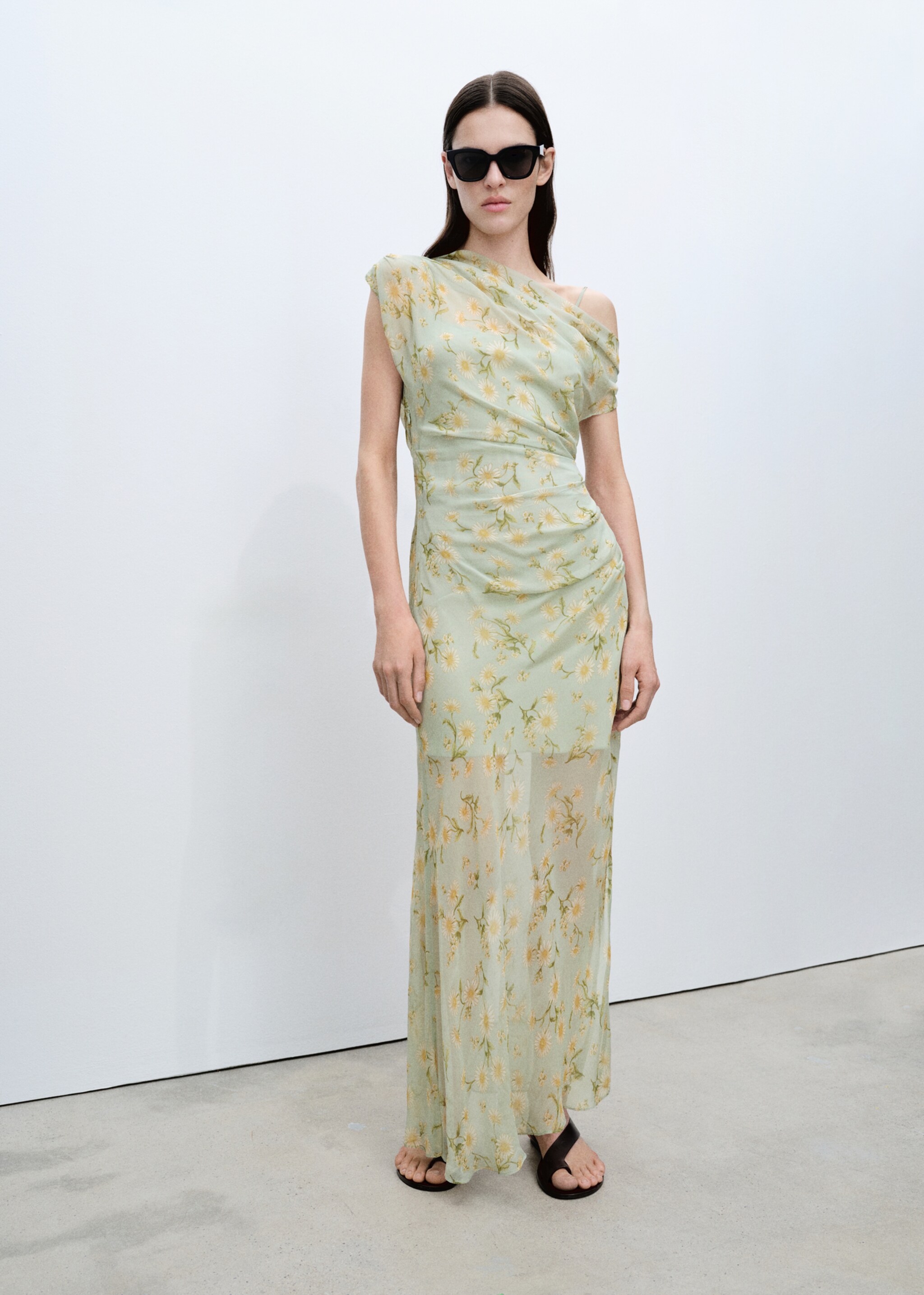 Semi-transparent floral-print draped dress - General plane