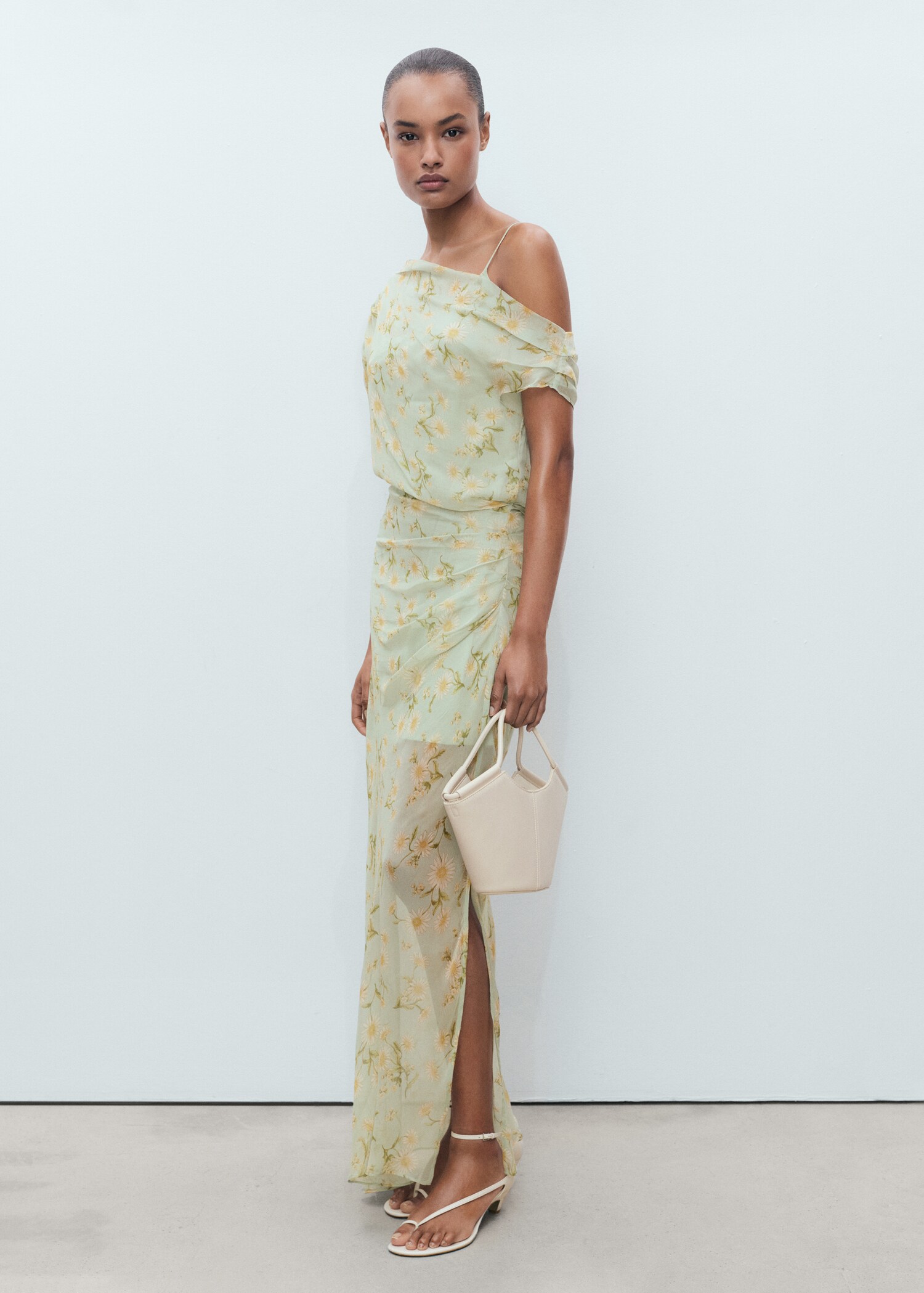 Semi-transparent floral-print draped dress - General plane