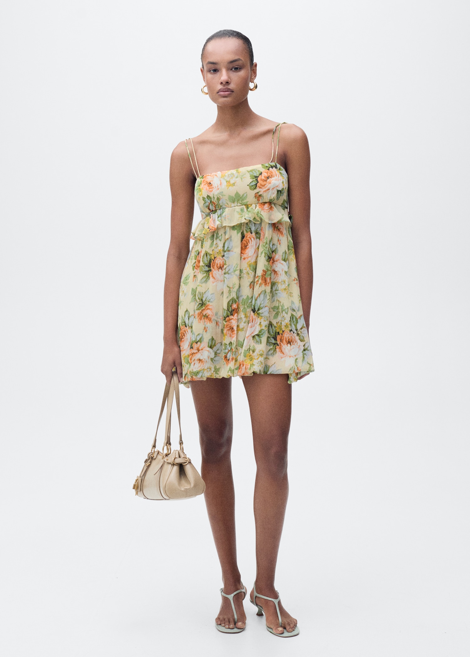 Short floral-print dress with ruffle detail - General plane