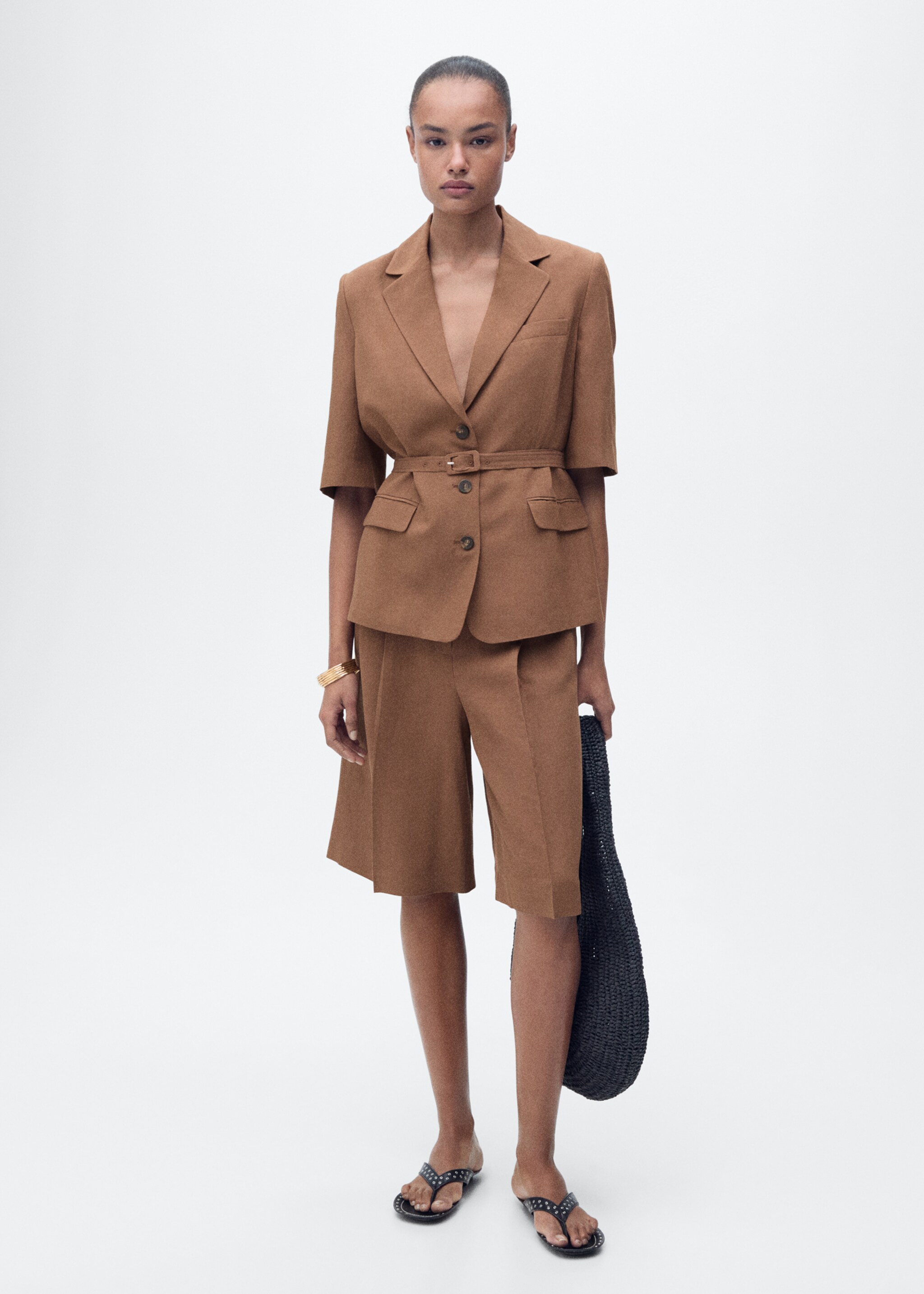 Linen-blend suit jacket with belt - General plane