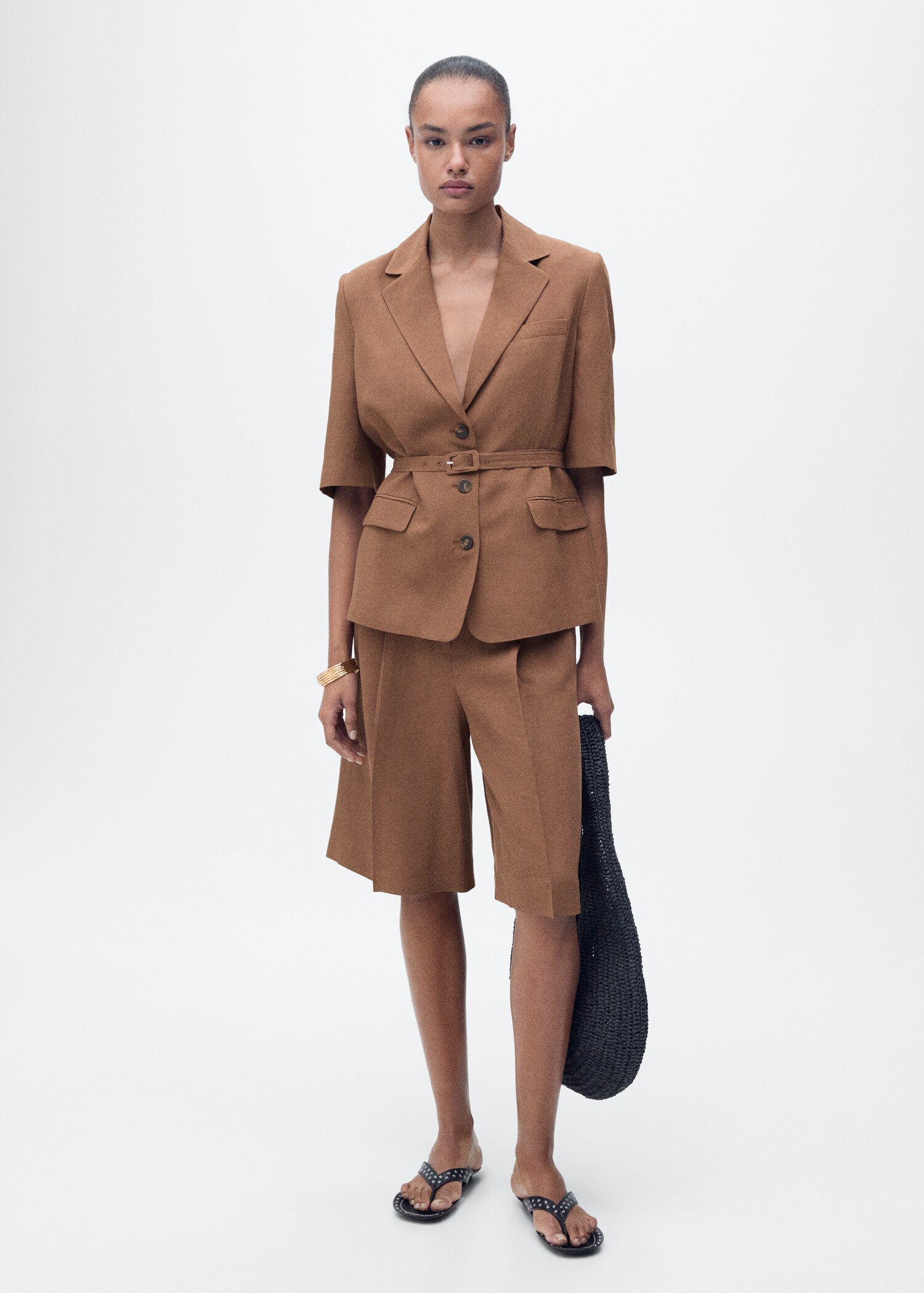 Linen-blend suit blazer with belt - General plane
