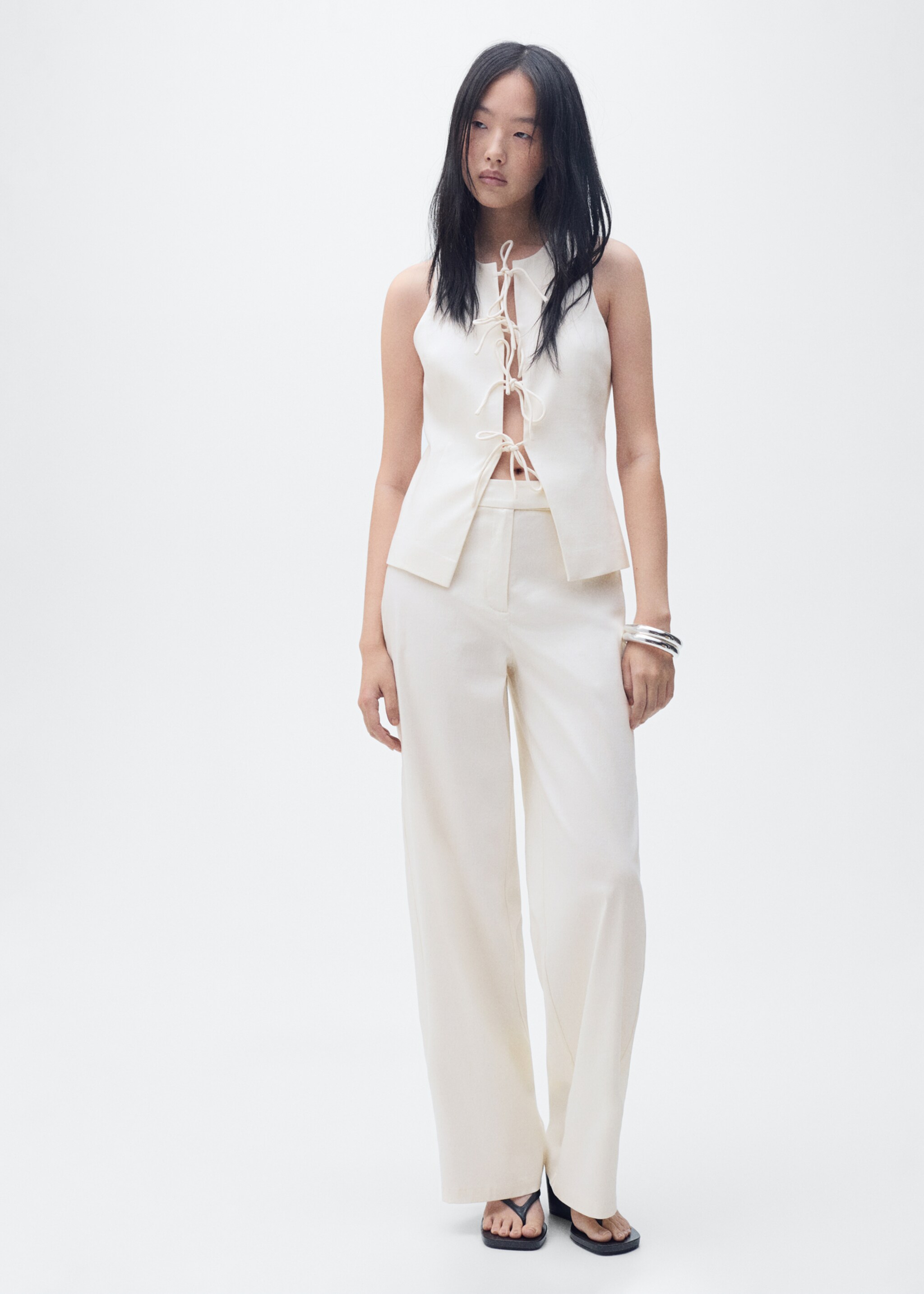 Linen-blend top with bow - General plane