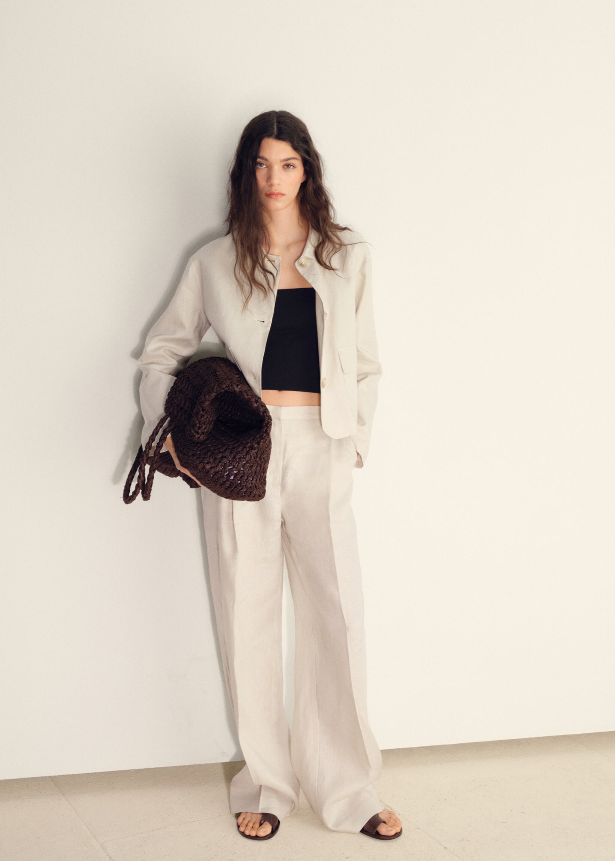 Straight-fit linen trousers with pleats - General plane