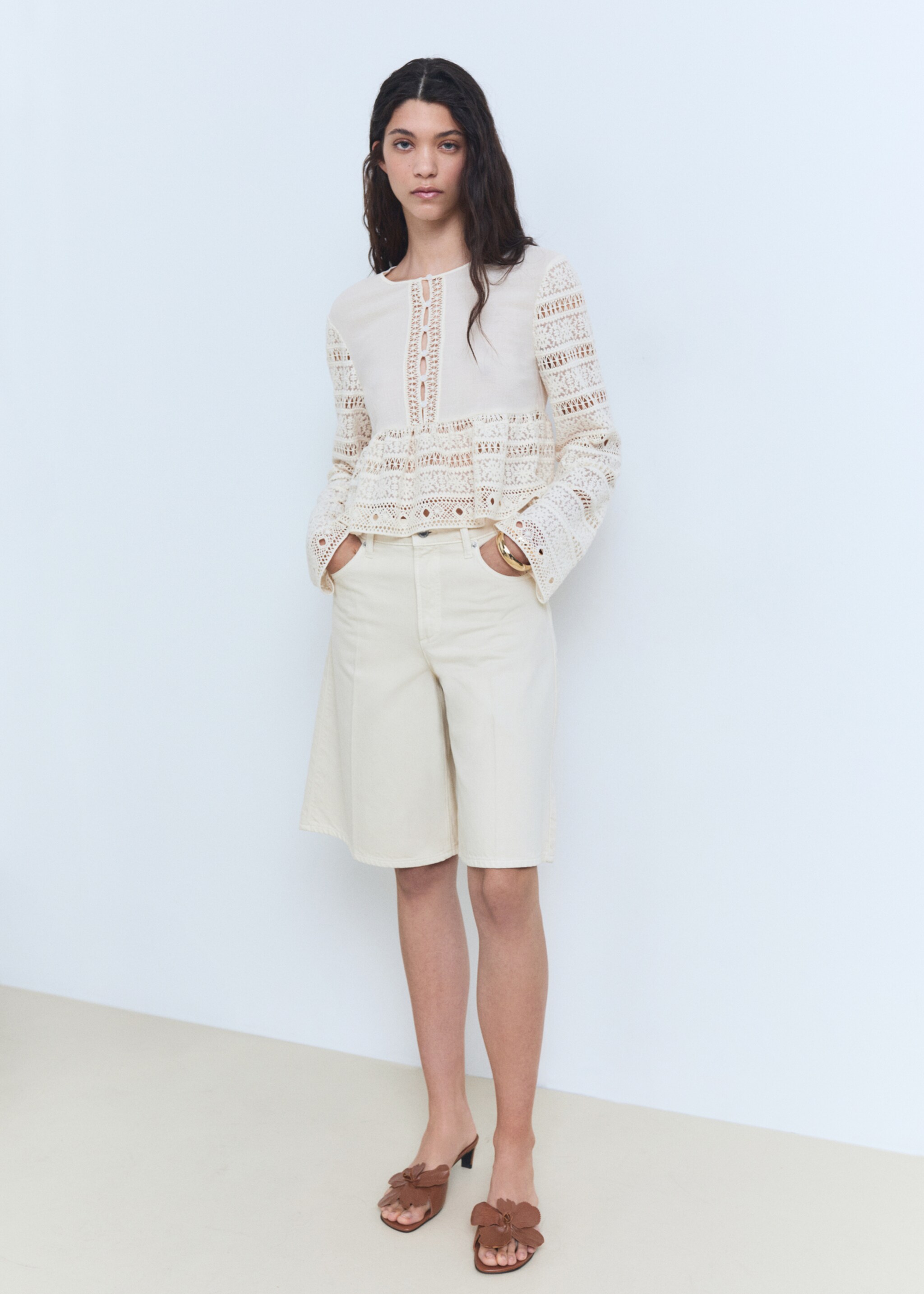 Embroidered cotton blouse with openwork details - General plane