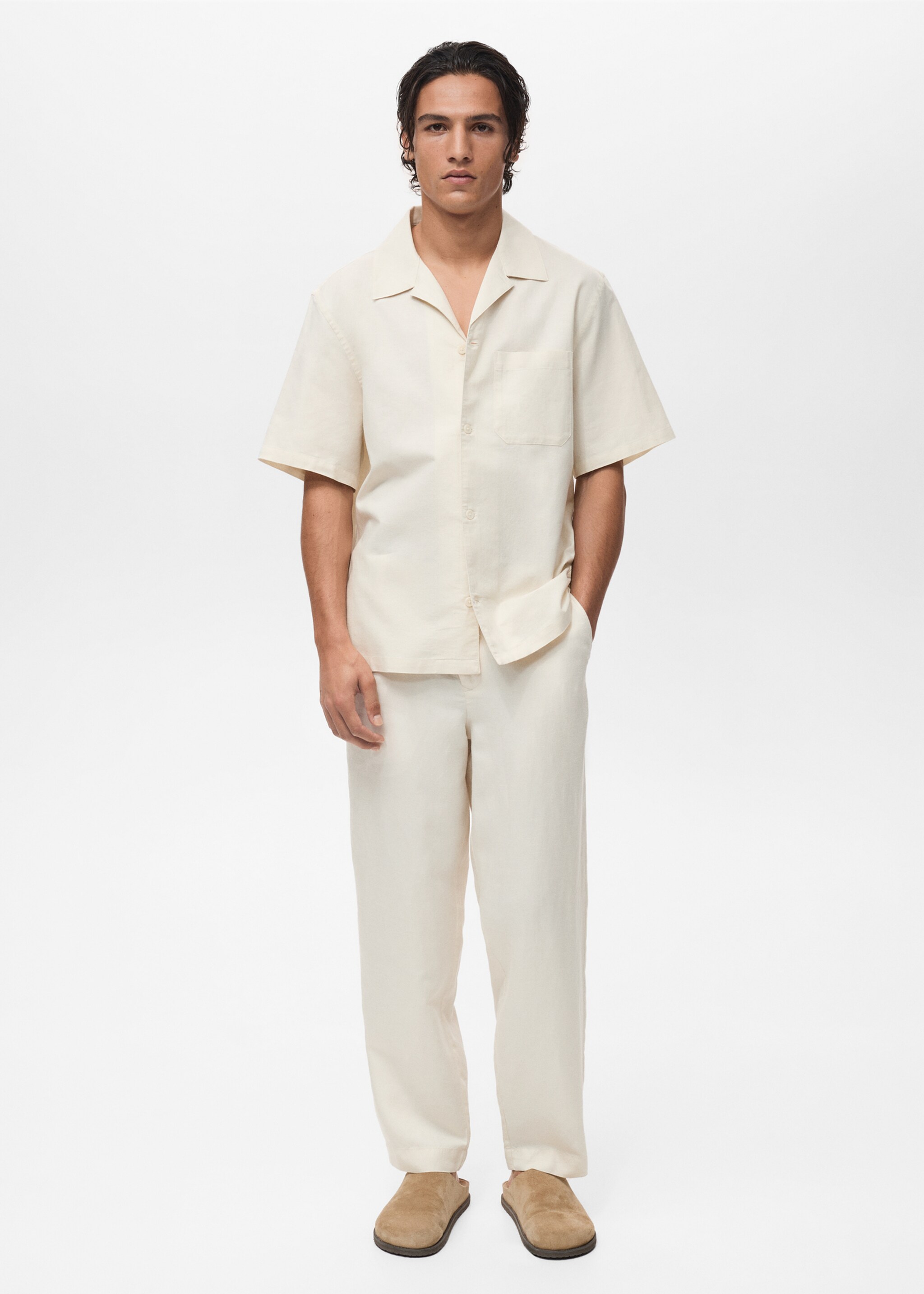 Linen shirt with bowling collar and pocket - General plane