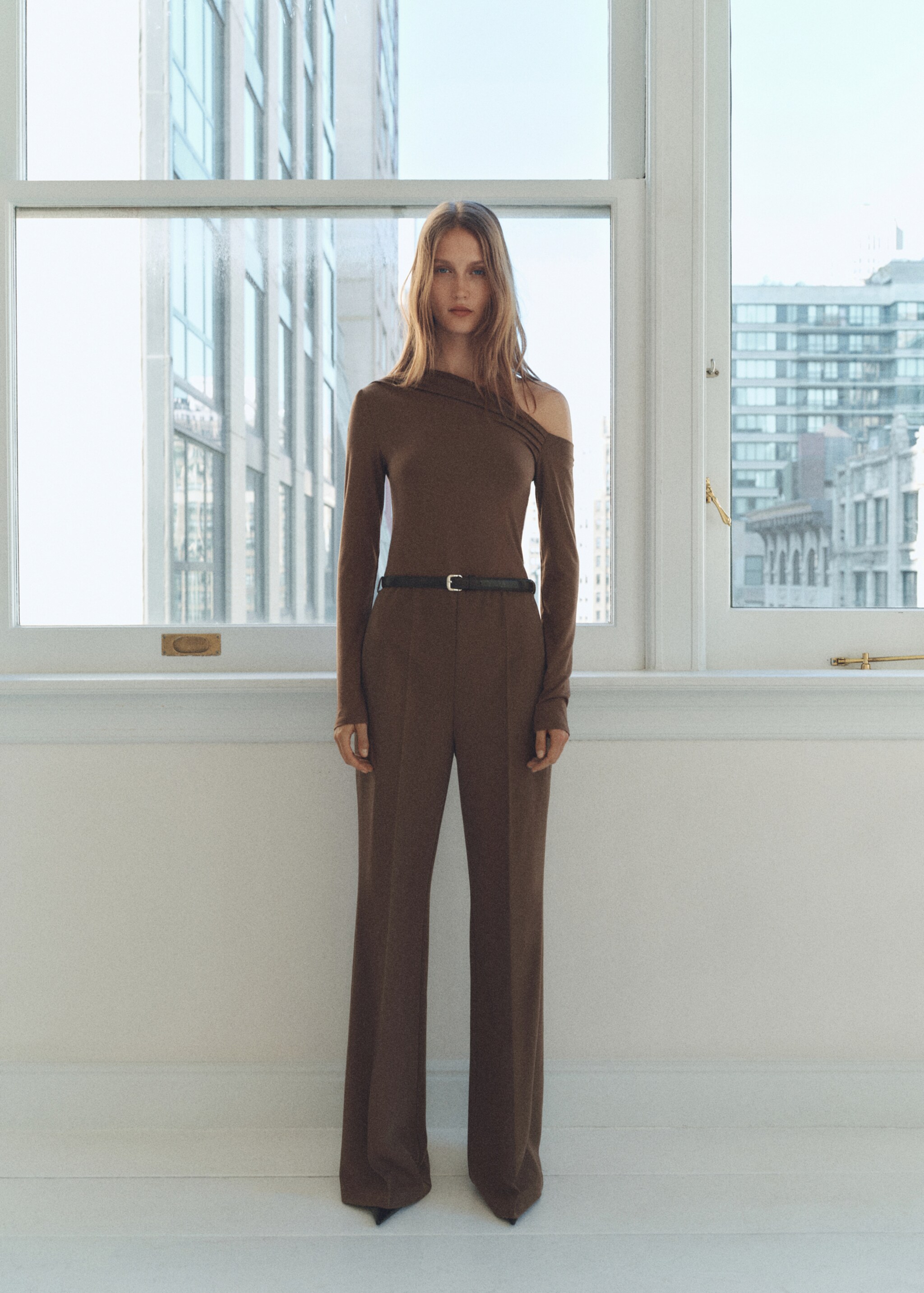 Combined-fabric jumpsuit with belt - General plane