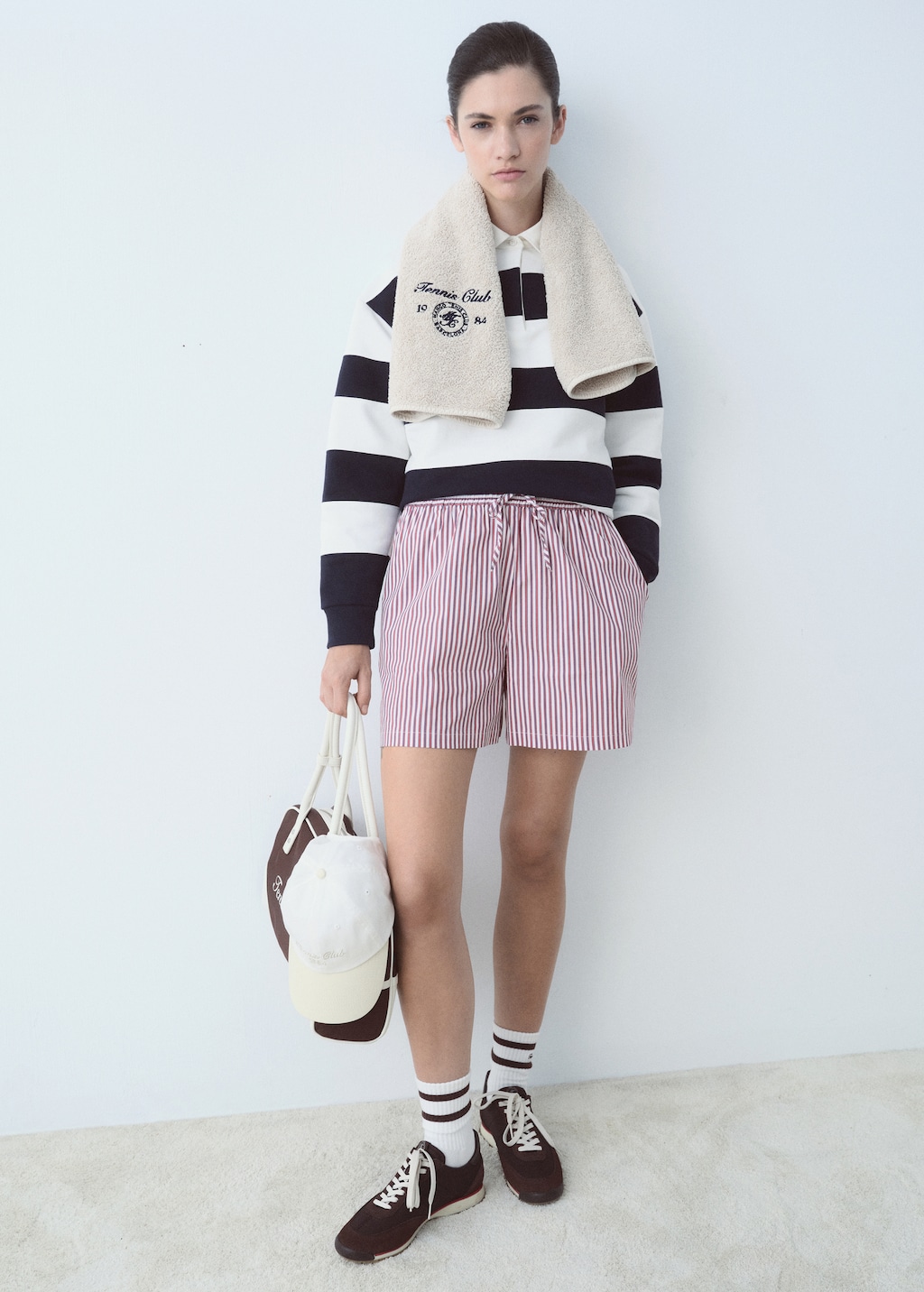 Striped poplin shorts with embroidered message - Women