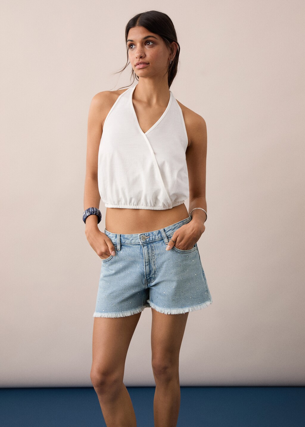 Low-waist shorts with rhinestones