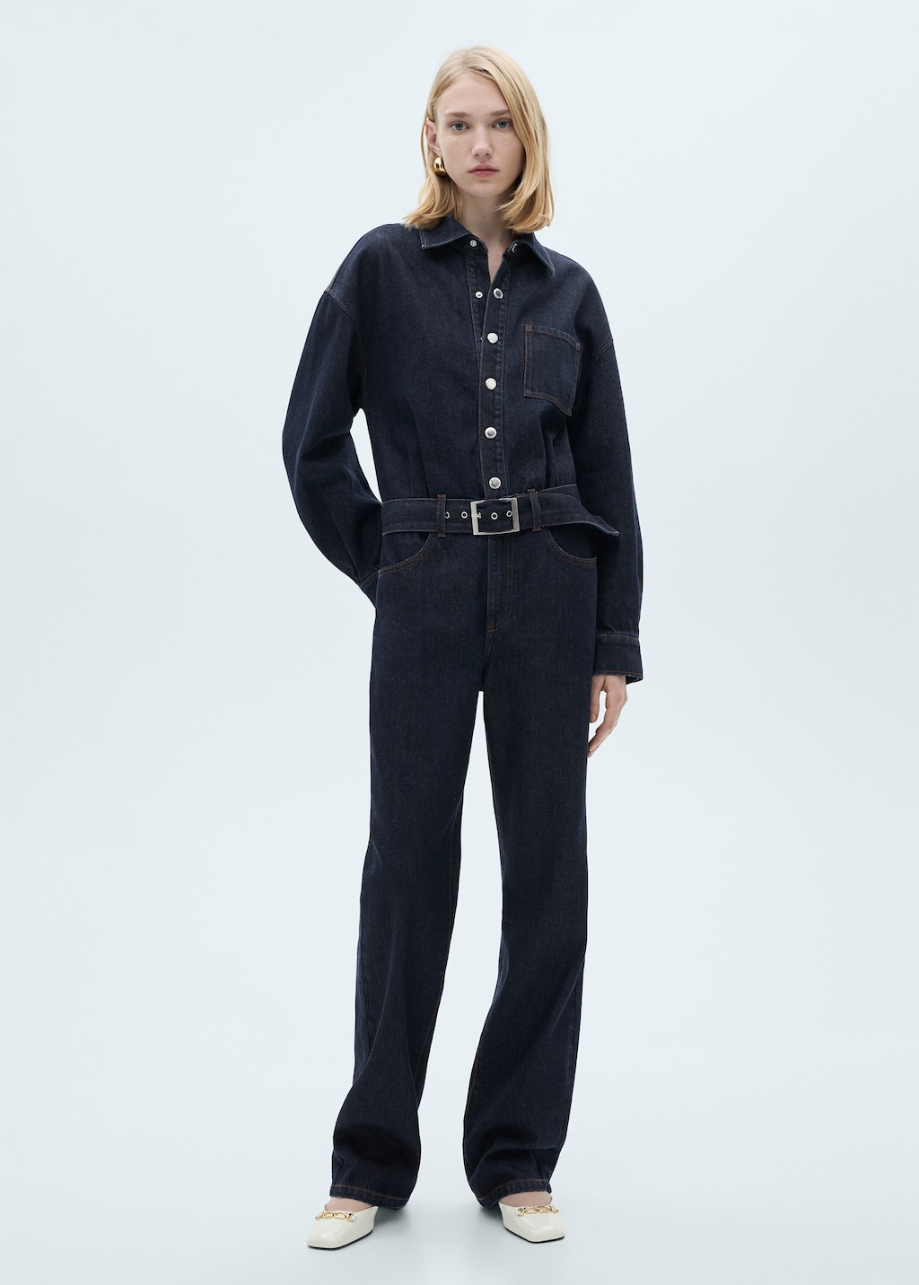 Mango belt denim jumpsuit online